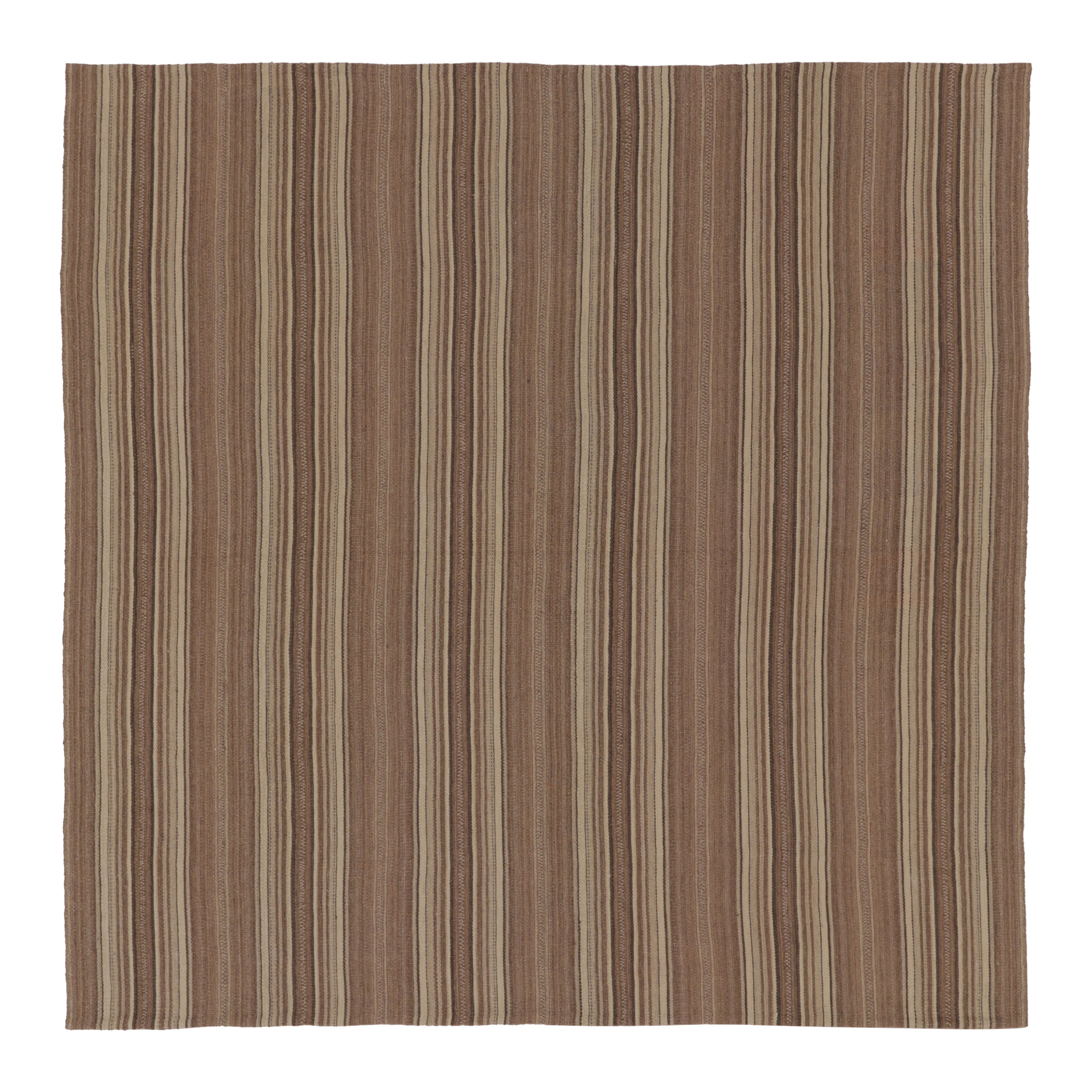 Vintage Persian Kilim, Beige-Brown Square Rug in All Over Stripes - Rug 
Kilim