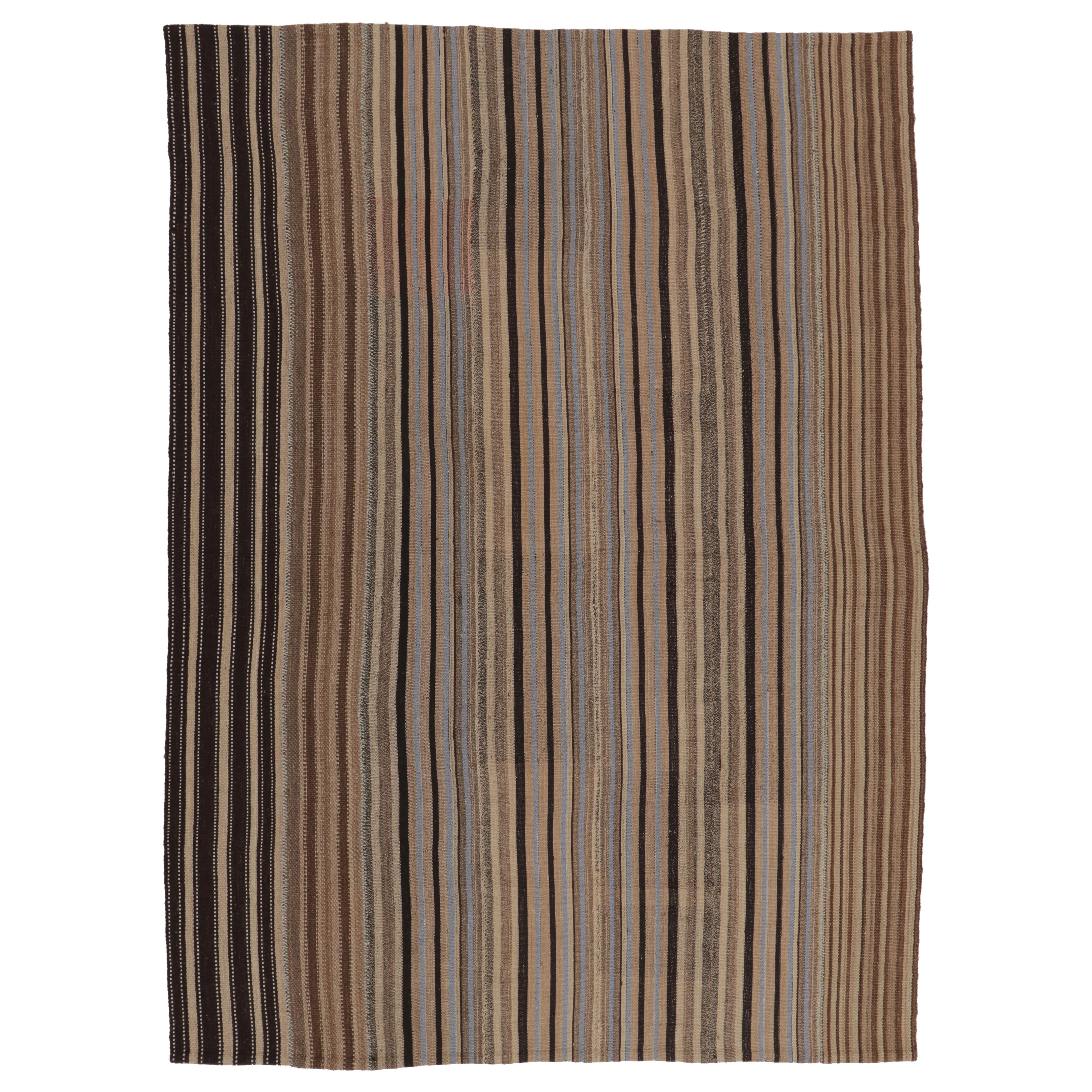 Vintage Persian Kilim, Beige-Brown Stripes and Light Blue Accents - Rug 
Kilim For Sale