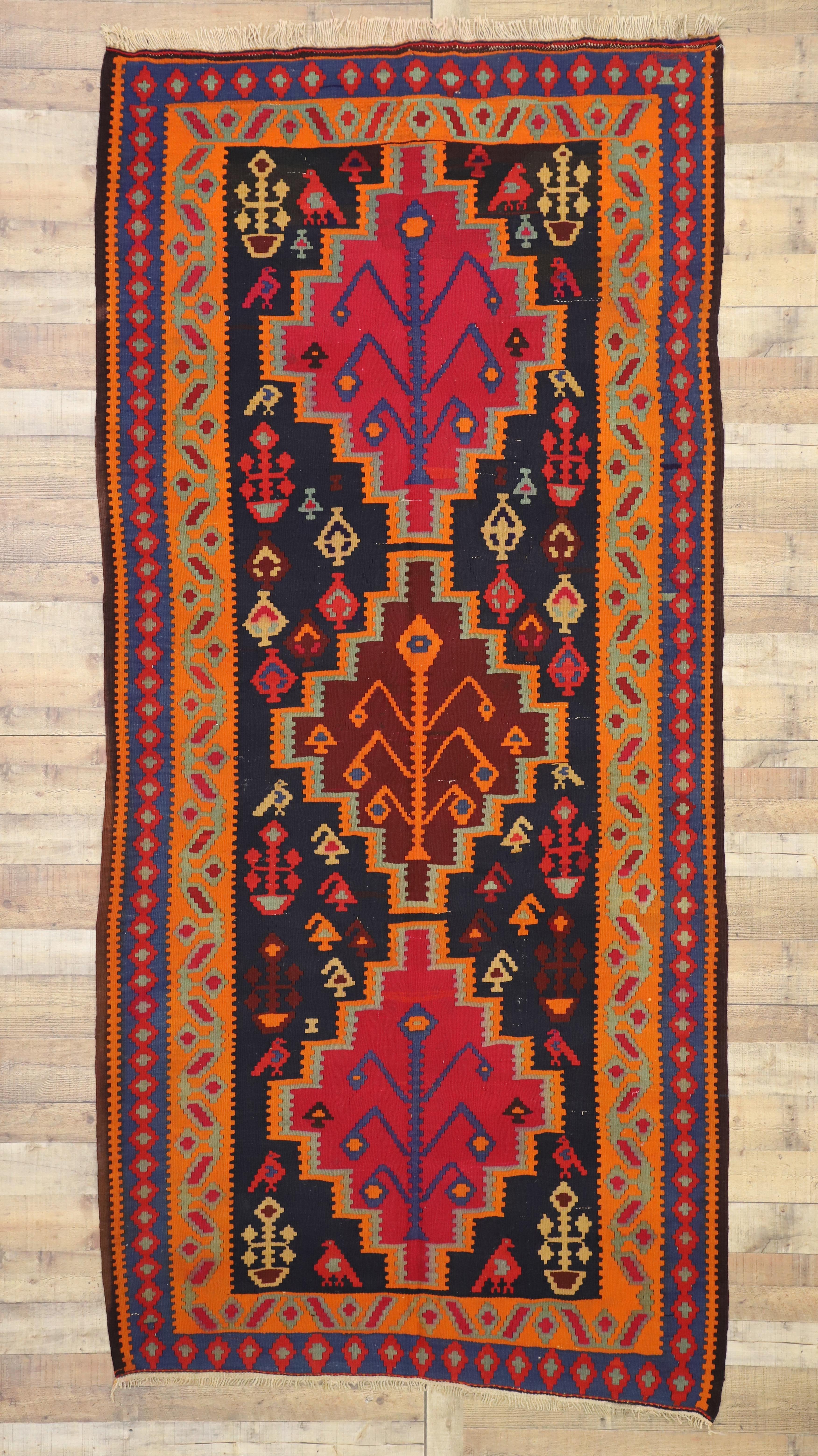 Bohemian Vintage Persian Kilim Gallery Rug, Wide Hallway Tribal Runner For Sale