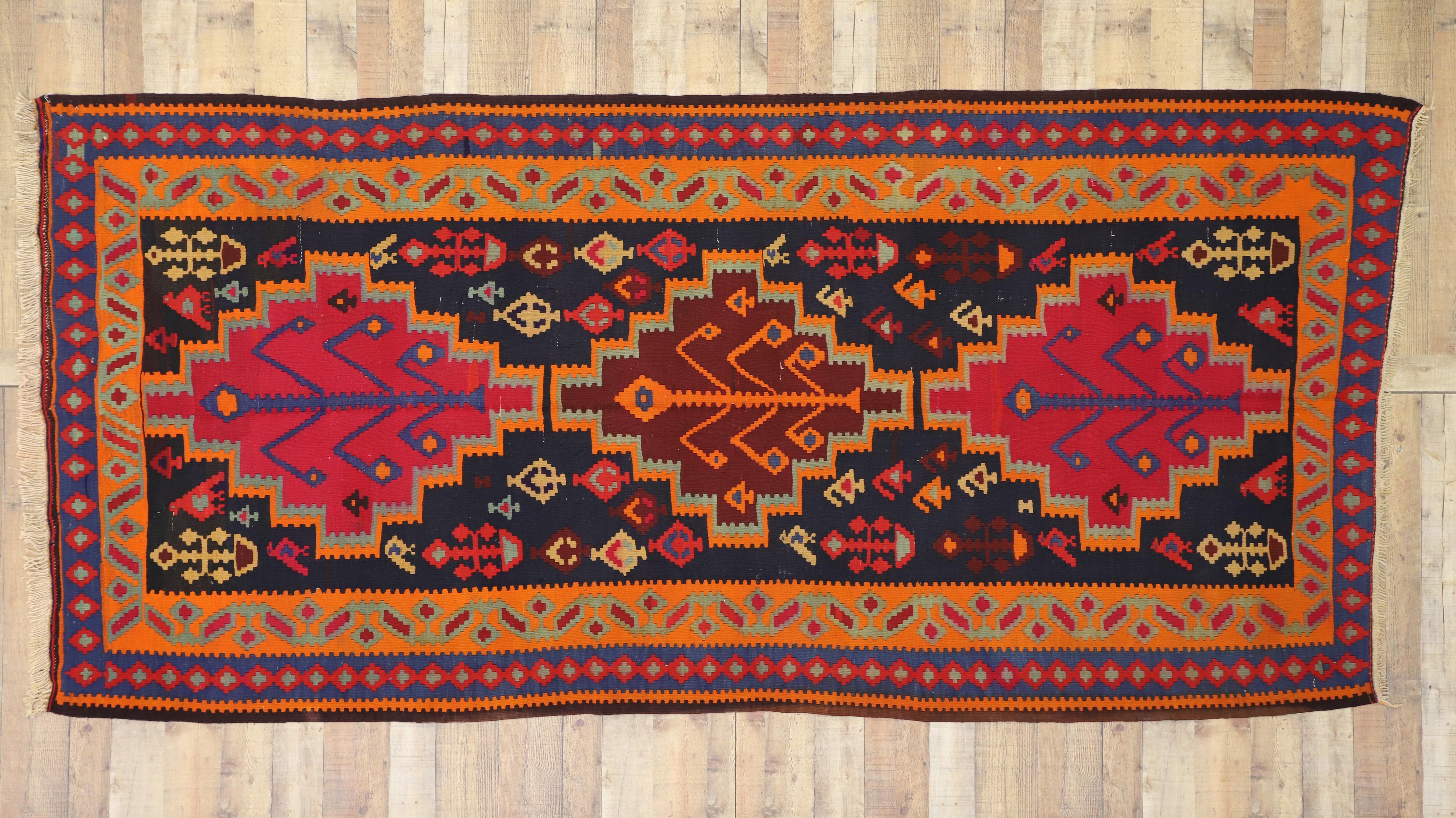 20th Century Vintage Persian Kilim Gallery Rug, Wide Hallway Tribal Runner For Sale