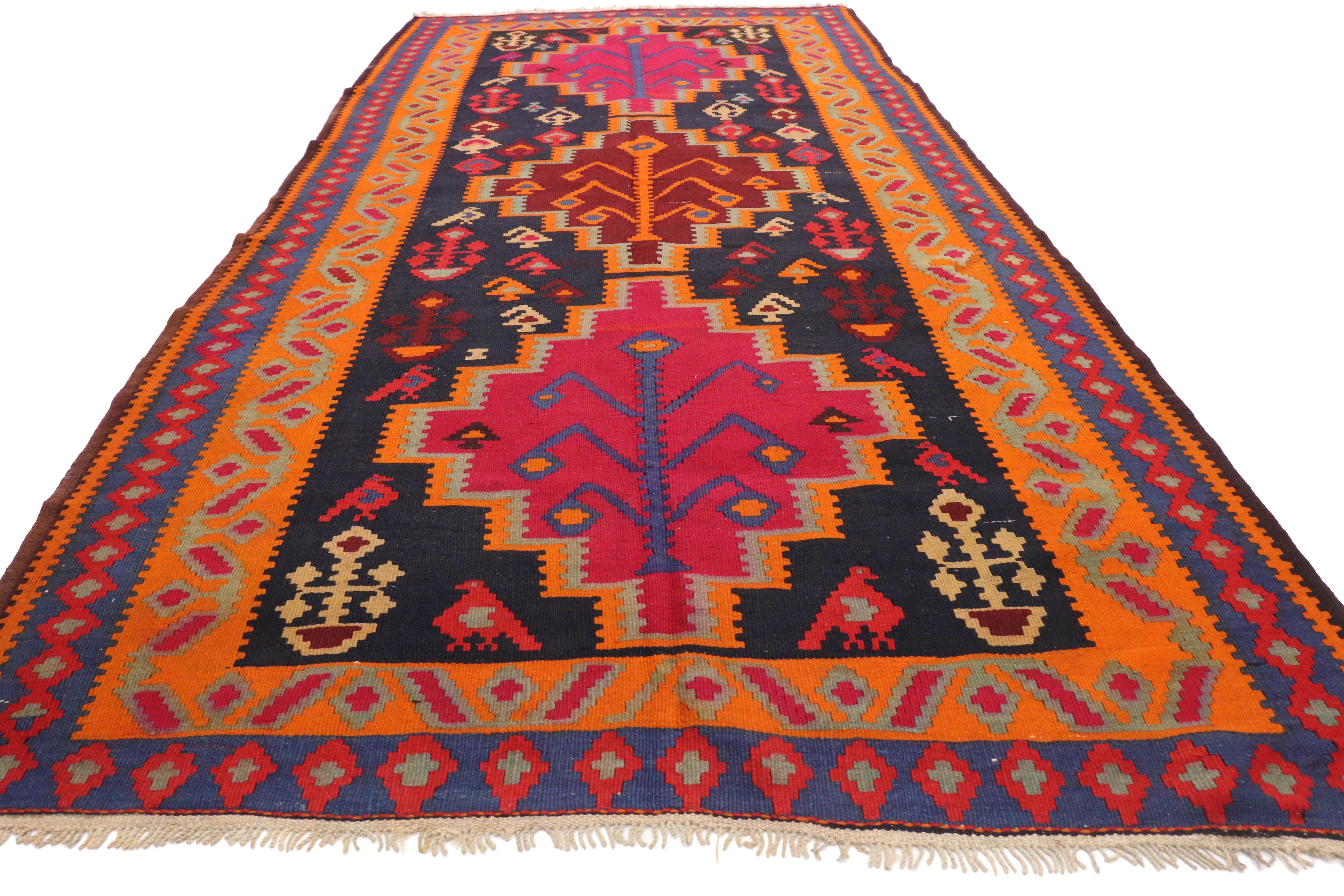 Wool Vintage Persian Kilim Gallery Rug, Wide Hallway Tribal Runner For Sale