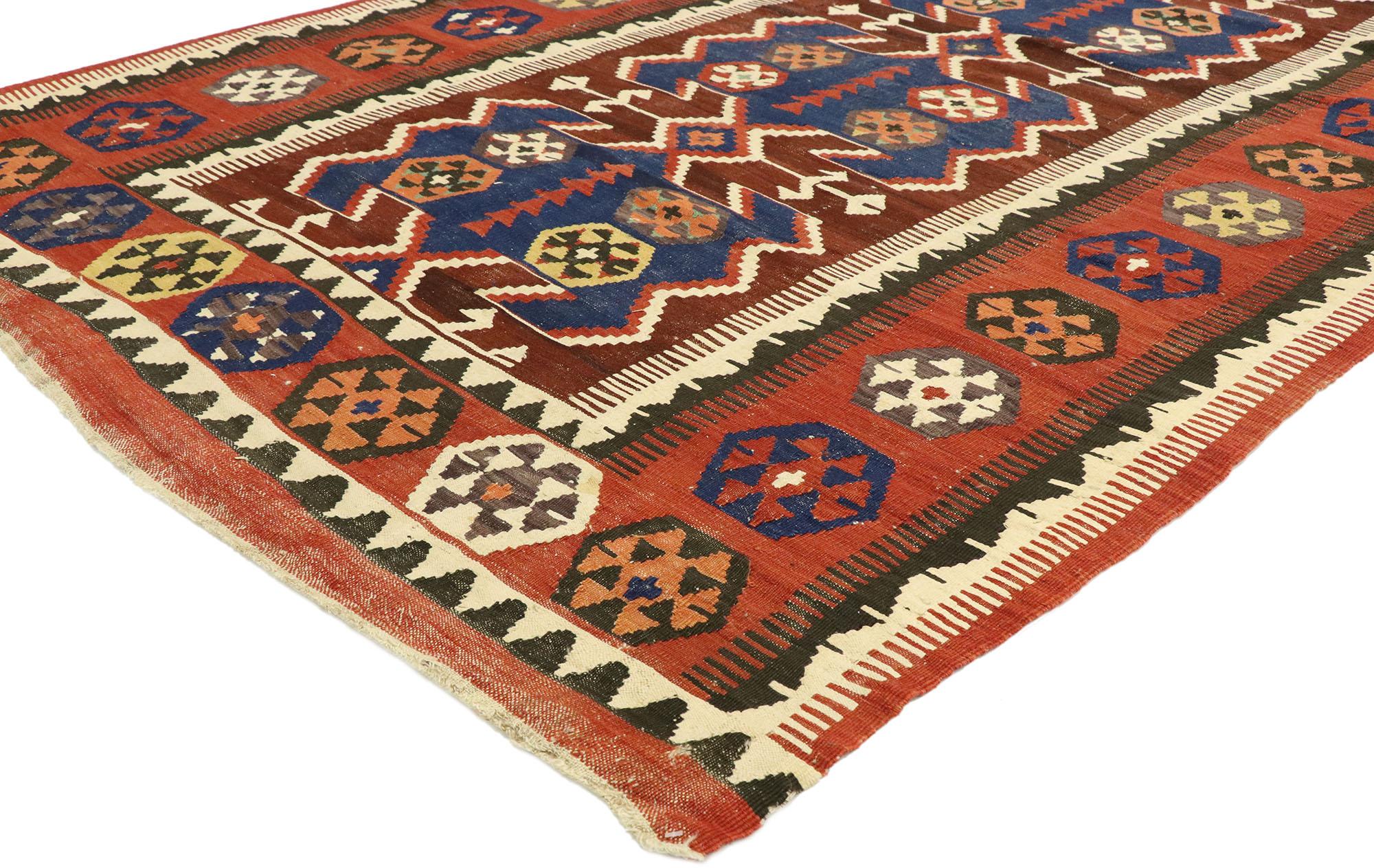 74948, vintage Persian Kilim Gallery rug with Modern Rustic Adirondack Tribal style. With its bold expressive design, incredible detail and texture, this handwoven wool vintage Persian Kilim rug is a captivating vision of woven beauty highlighting