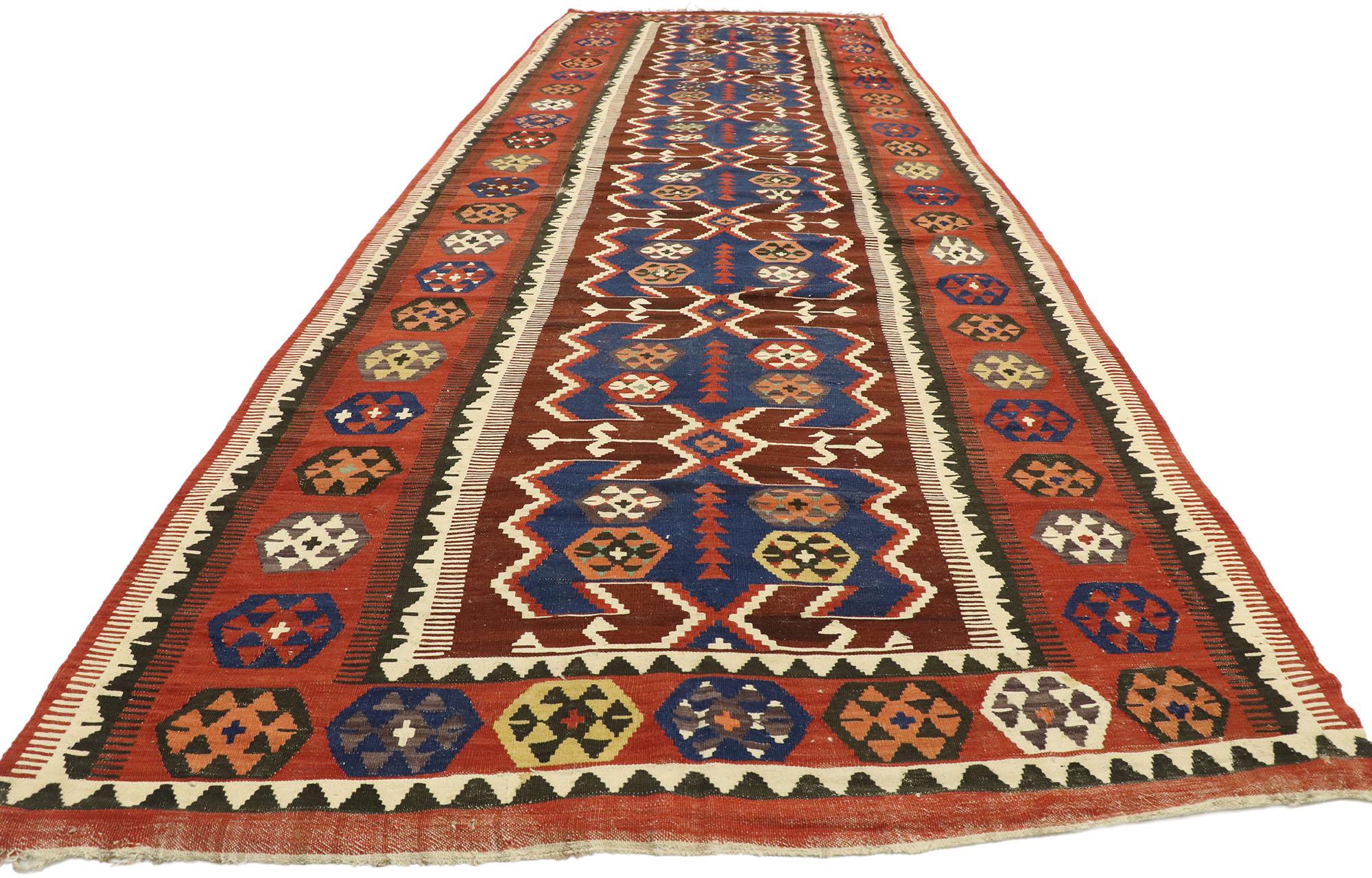 Hand-Woven Vintage Persian Kilim Gallery Rug with Modern Rustic Adirondack Tribal Style For Sale