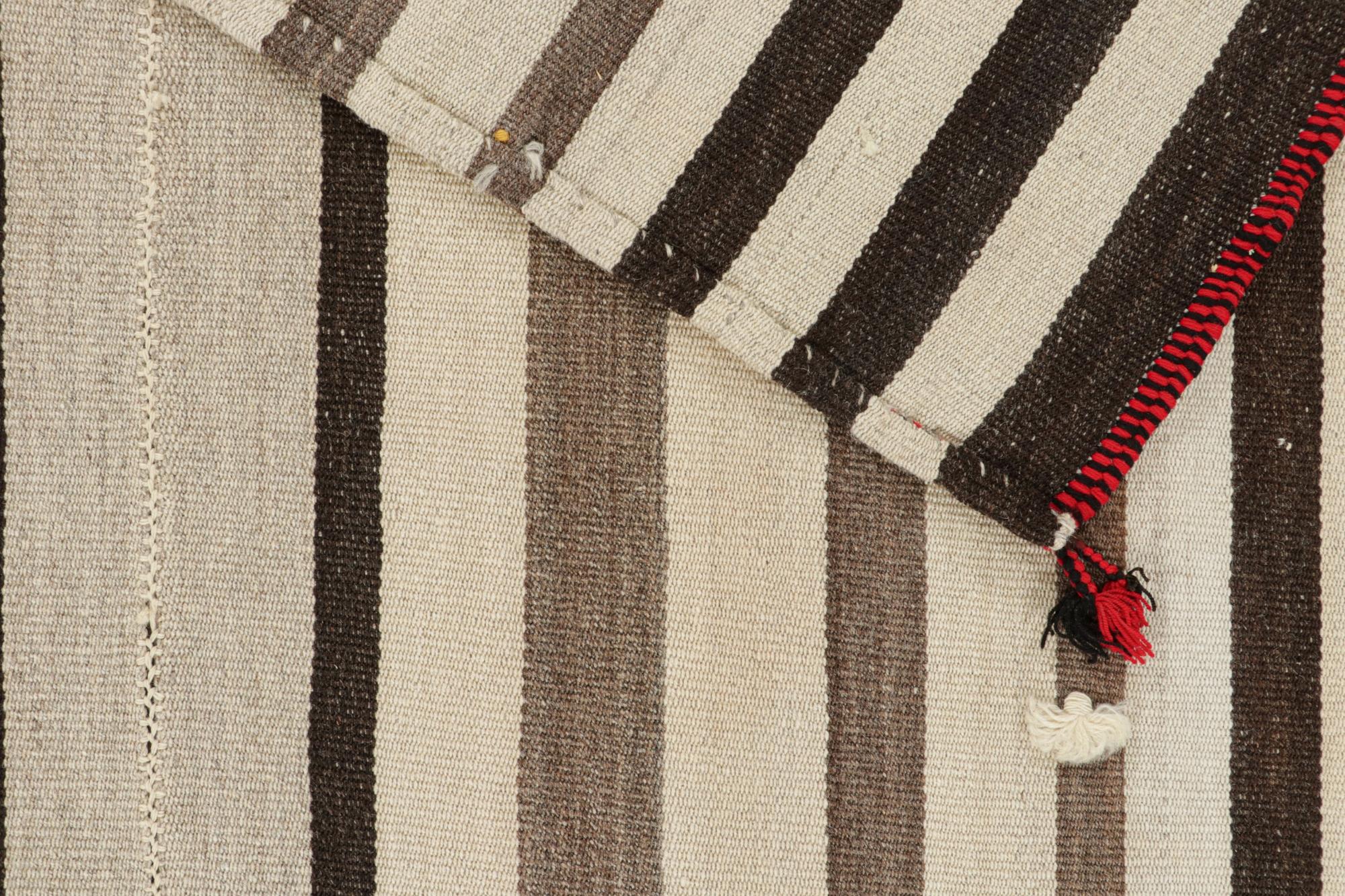 Wool Vintage Persian Kilim in Beige-Brown Stripes, Panel Style For Sale