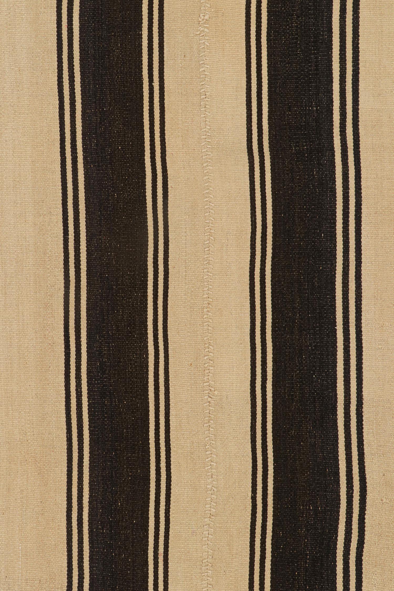 Wool Vintage Persian Kilim in Beige with Black Stripes by Rug & Kilim For Sale