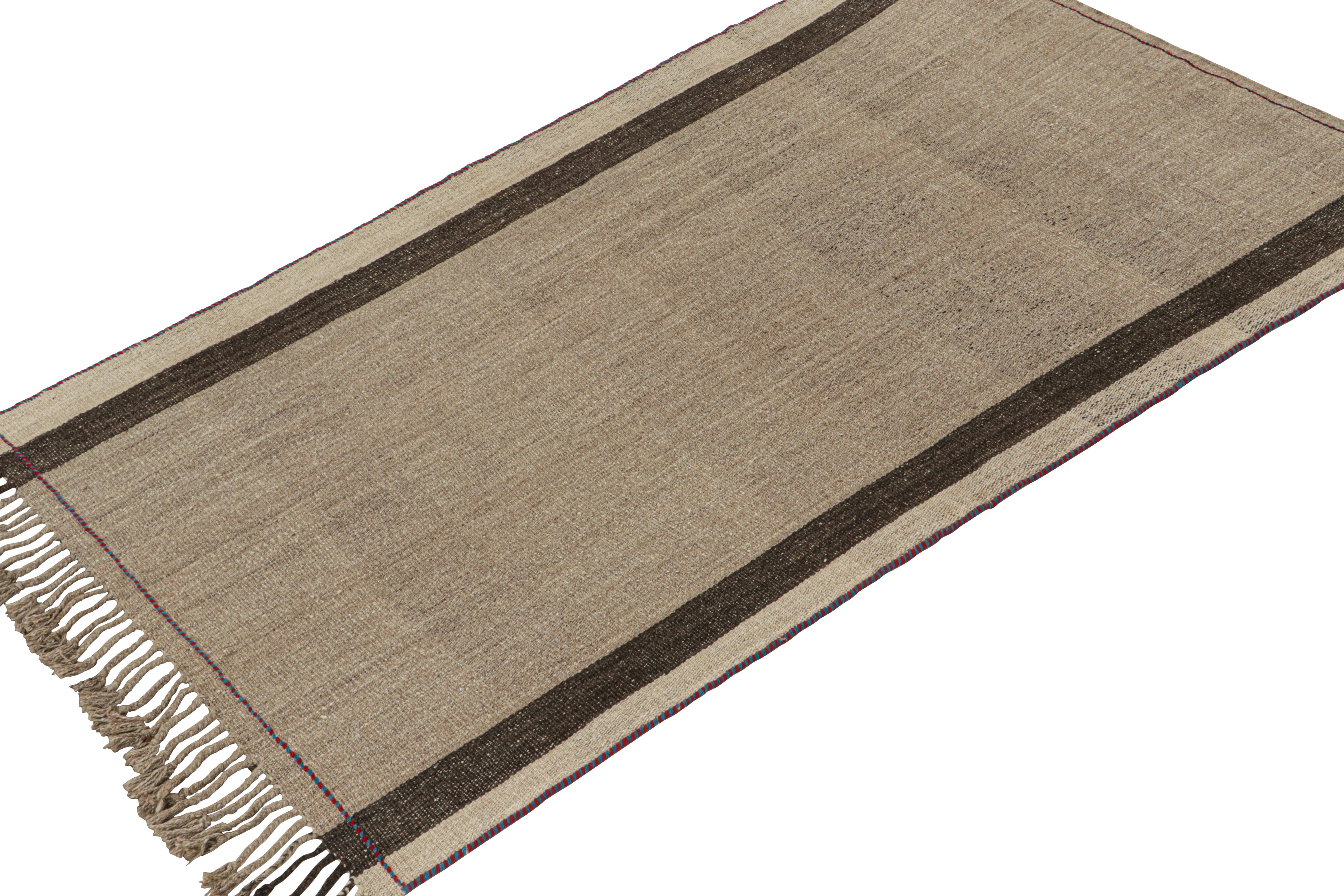 This vintage 4x7 Persian tribal kilim is handwoven in wool, and originates circa 1950-1960.

The design favors neutral tones with a beige field, rich brown stripes in the outer field and border. Keen eyes will further note a fine red and blue