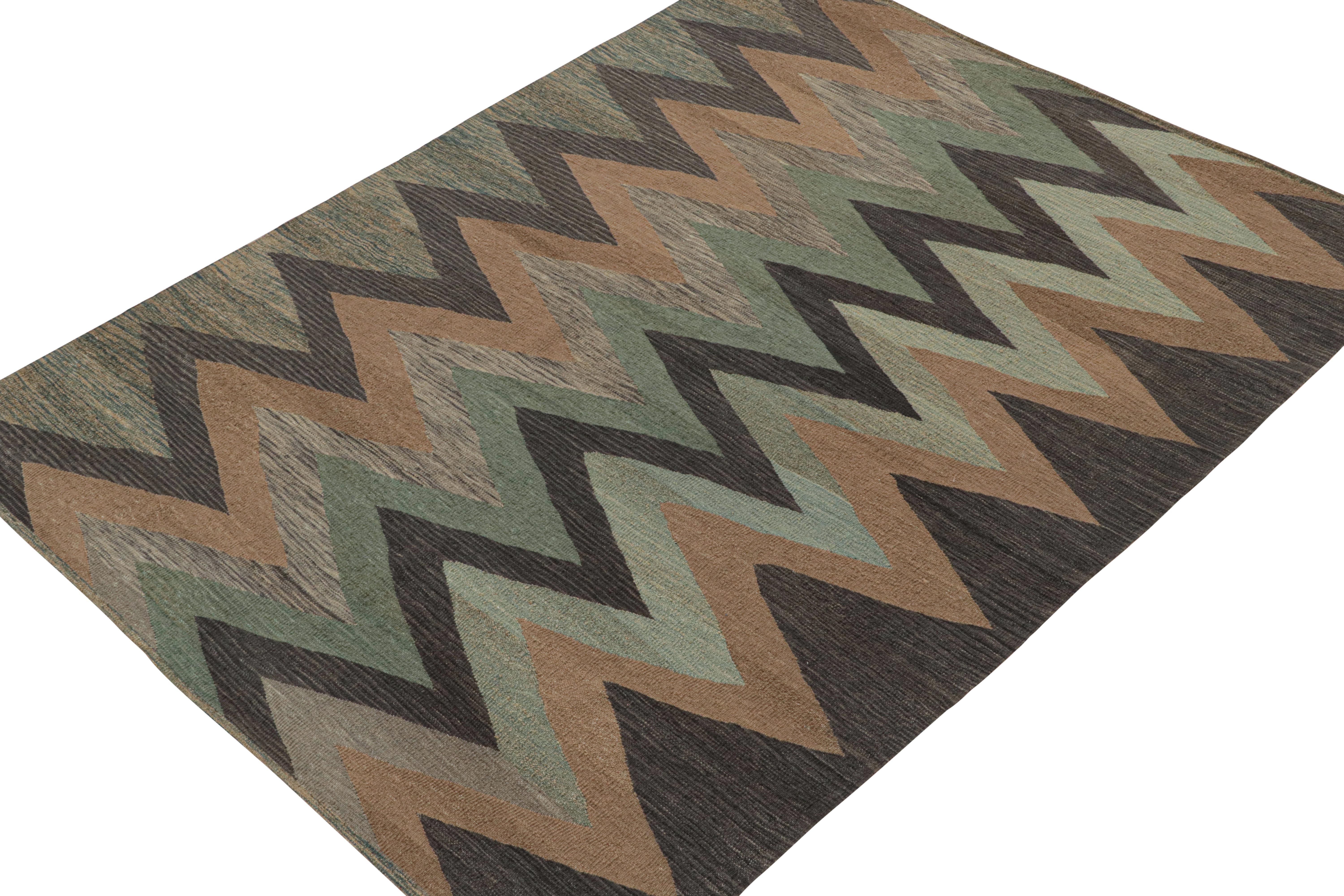 Hand-Knotted Vintage Persian Kilim in Brown and Teal Chevron Patterns by Rug & Kilim For Sale