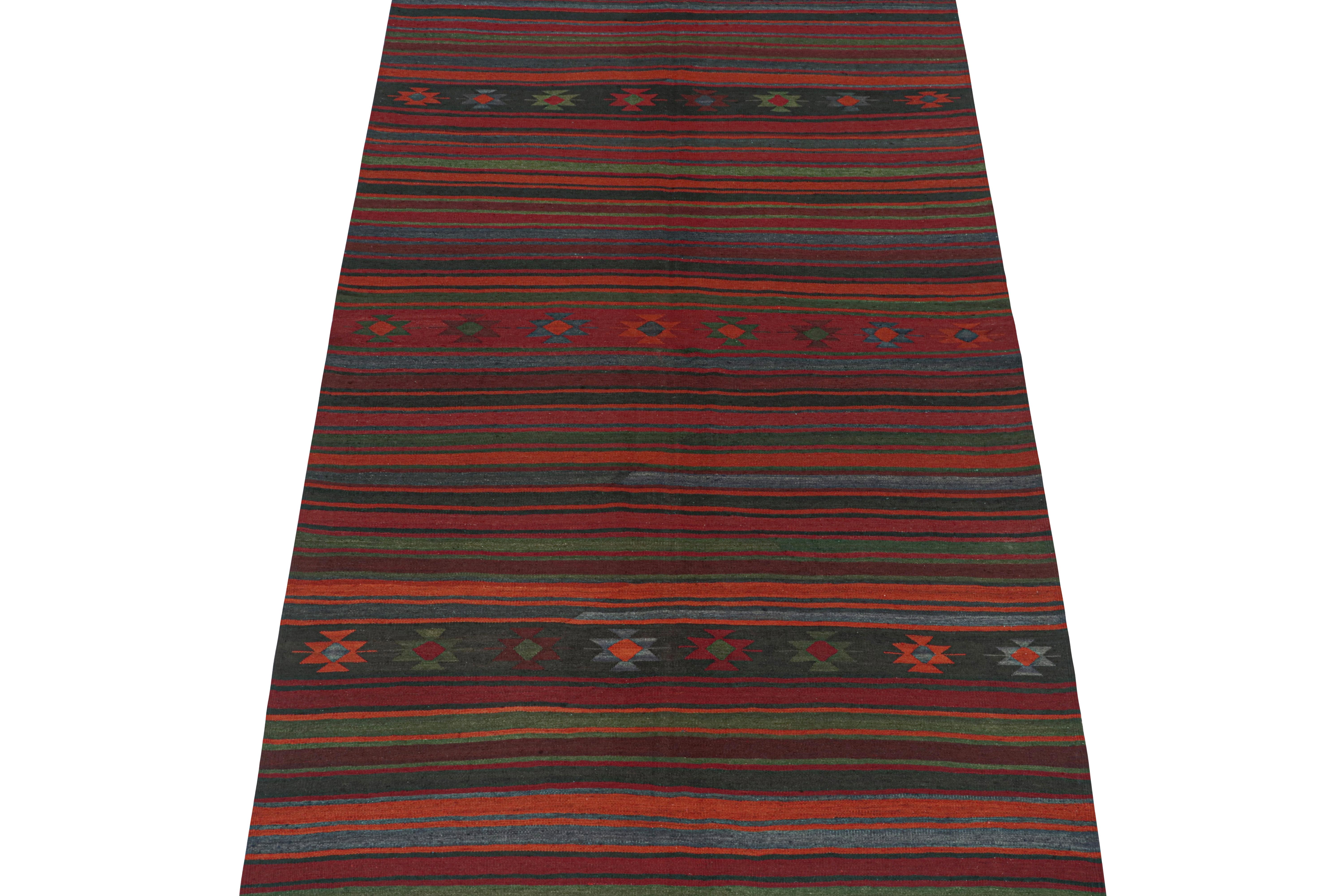 This vintage 5x10 Persian Kilim is a tribal rug of Varamin provenance. Handwoven in wool, it originates circa 1950-1960.

On the Design:

Connoisseurs may note that Varamin refers to the titular city in Tehran, which is a long-revered center of