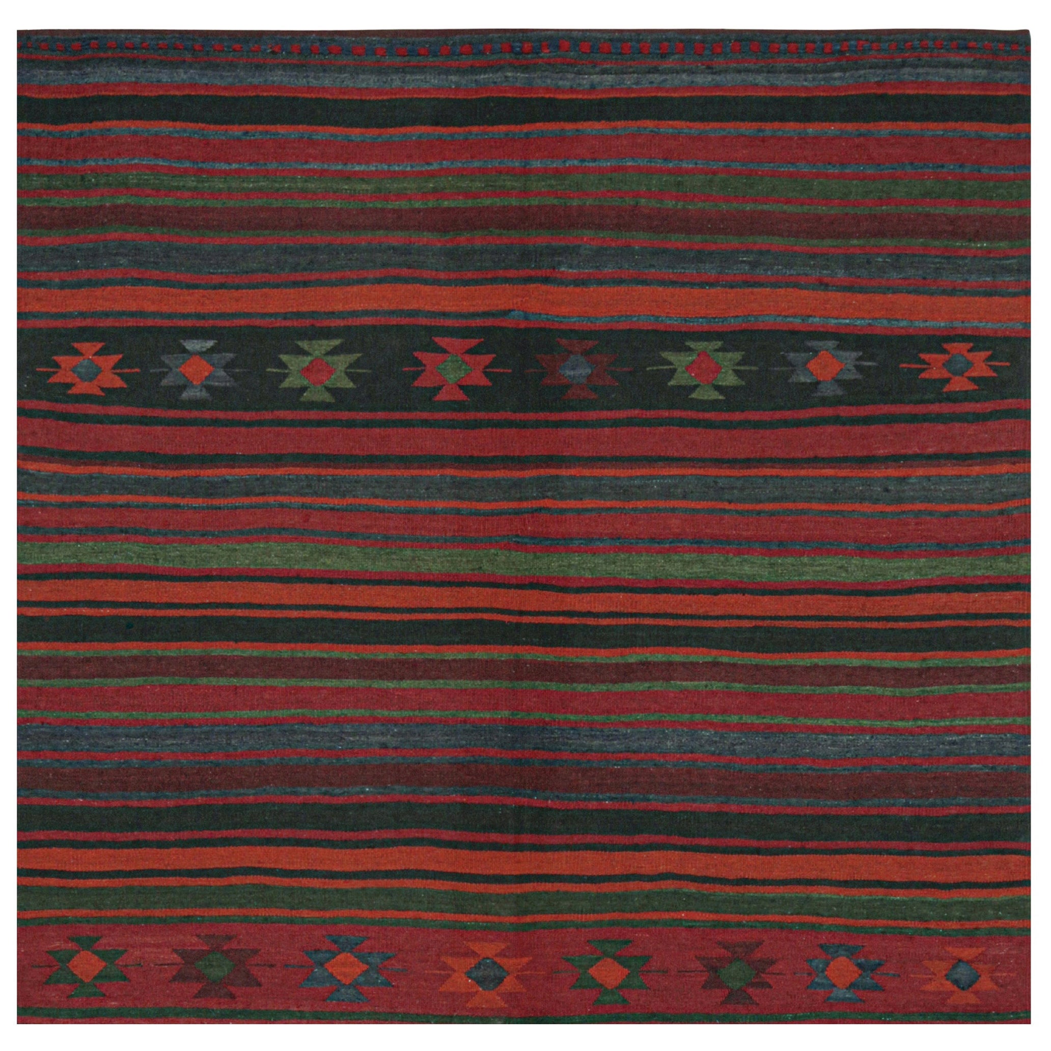 Kilim persiano vintage in borgogna con strisce policrome di Rug & Kilim in vendita