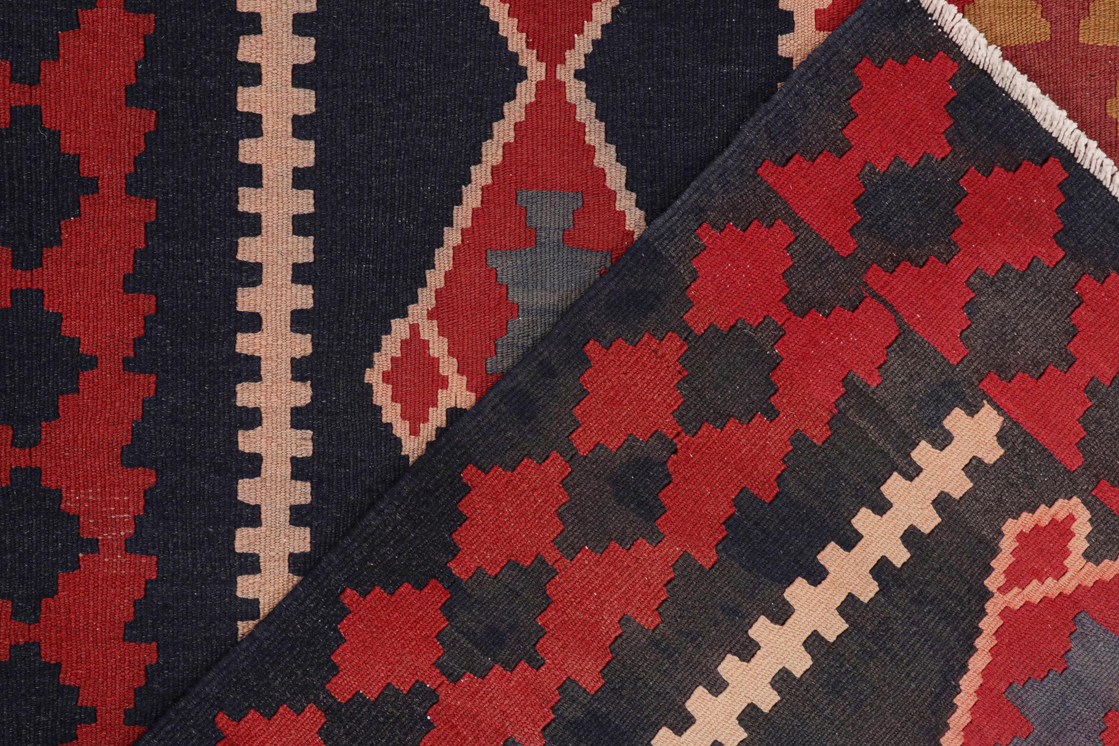 Wool Vintage Persian Kilim in Navy Blue with Red Geometric Patterns by Rug & Kilim For Sale