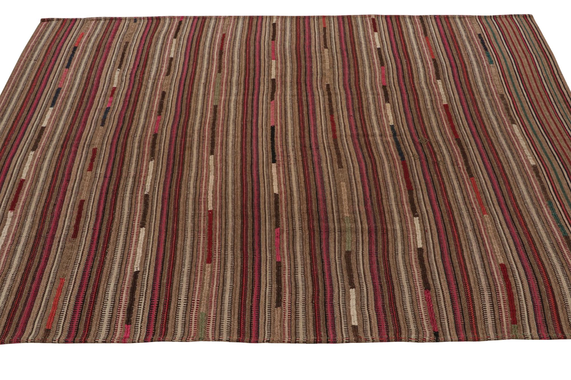 Hand-Knotted Vintage Persian Kilim in Pink and Beige-Brown Stripes by Rug & Kilim For Sale