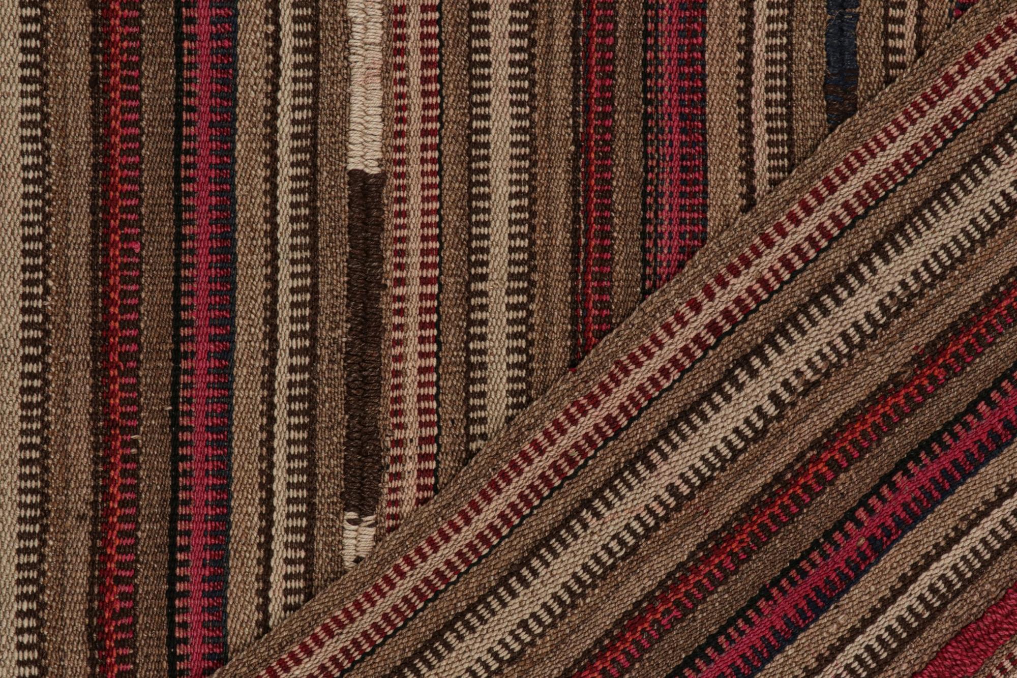 Wool Vintage Persian Kilim in Pink and Beige-Brown Stripes by Rug & Kilim For Sale
