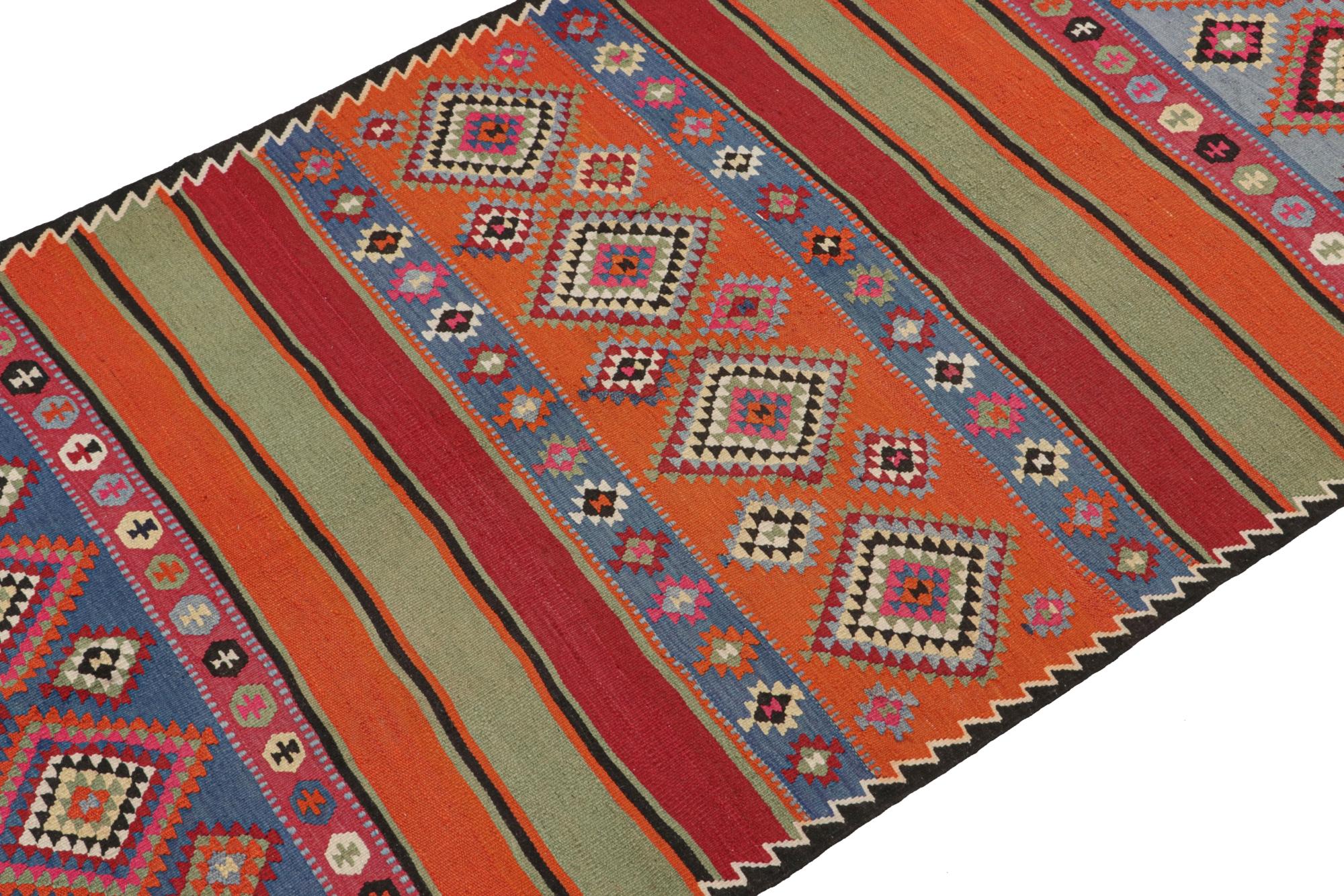This vintage 5x13 Northwestern Persian Kilim is a tribal rug believed to hail from Zanjan. Handwoven in wool, it originates circa 1950-1960. 

Further on the Design:

Its design reads a complementary play of traditional geometric patterns &