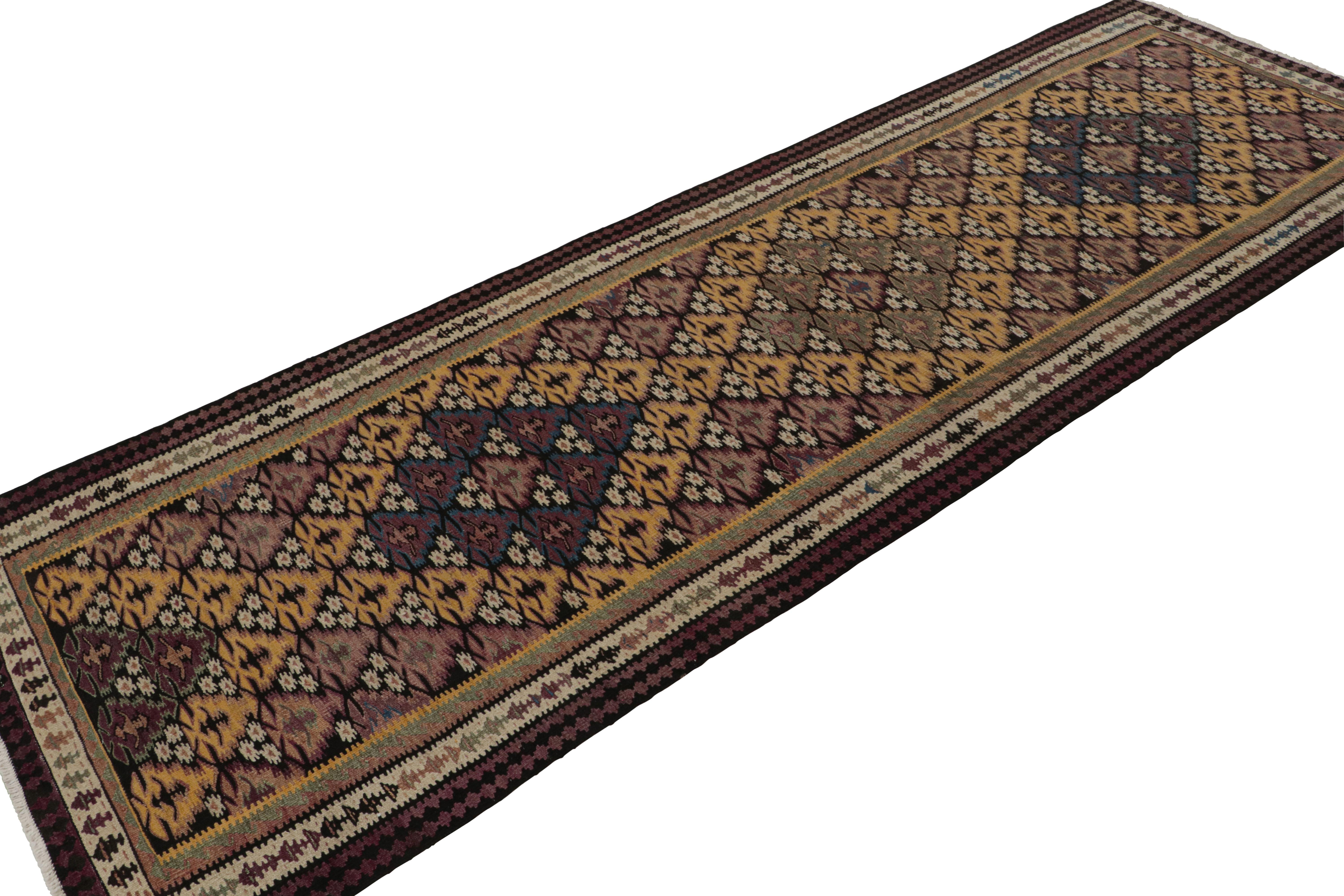 This vintage 3x10 Persian Kilim runner is the latest to join Rug & Kilim’s selection of vintage flatweaves. 

On the Design:

Handwoven in wool circa 1950-1960, the piece is full of intricate details. The play of gold with darker tones lends a very