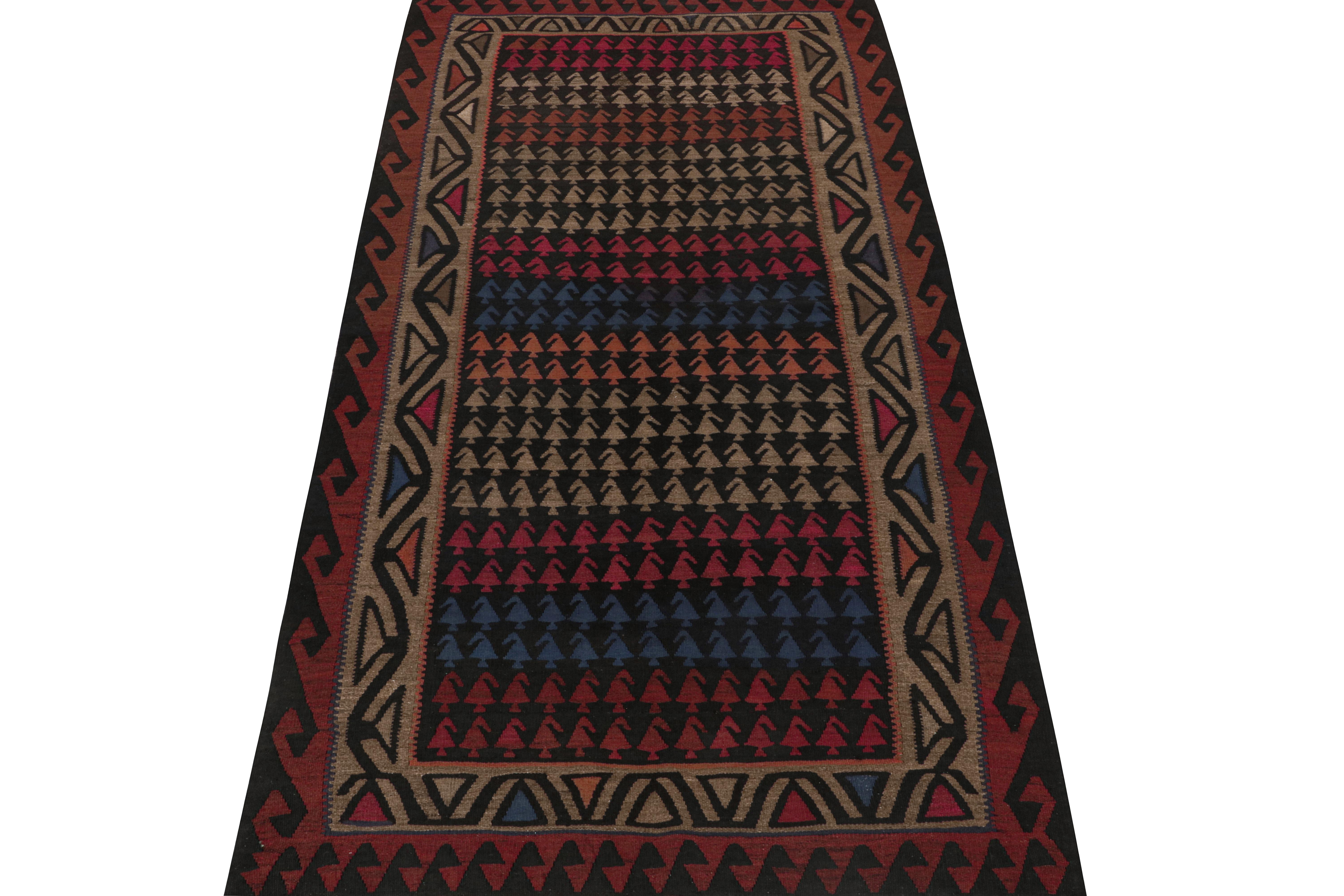 This vintage 5x11 Persian Kilim is a tribal rug from Meshkin—a small northwestern village known for its fabulous works. Handwoven in wool, it originates circa 1950-1960. 

On the design:

Its design favors a clean approach to traditional