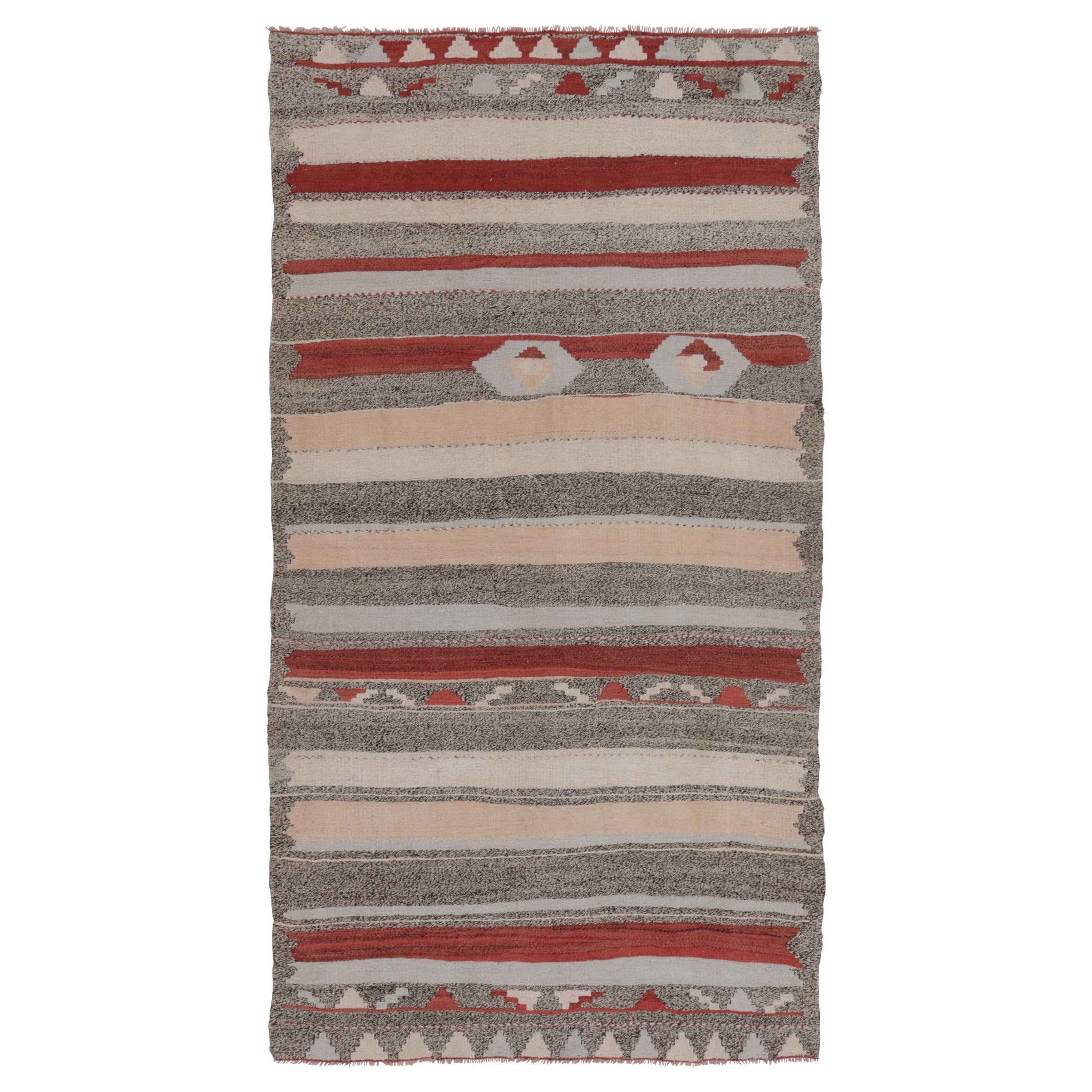 Vintage Persian Kilim in Red 
Gray Stripes with Geometric Motifs - Rug 
Kilim For Sale