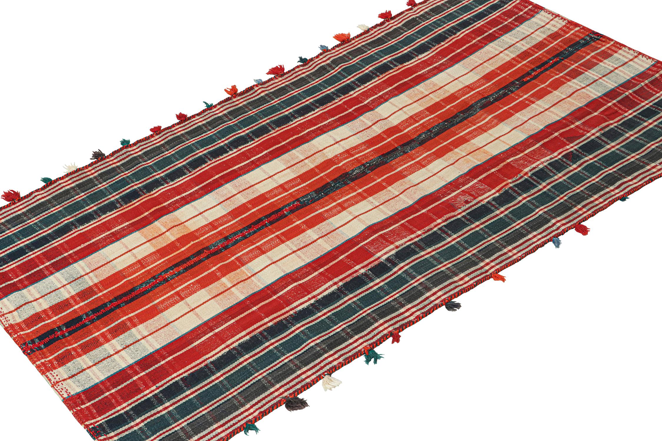 Vintage Persian Kilim in Red, OffWhite, and Blue Plaid Pattern For