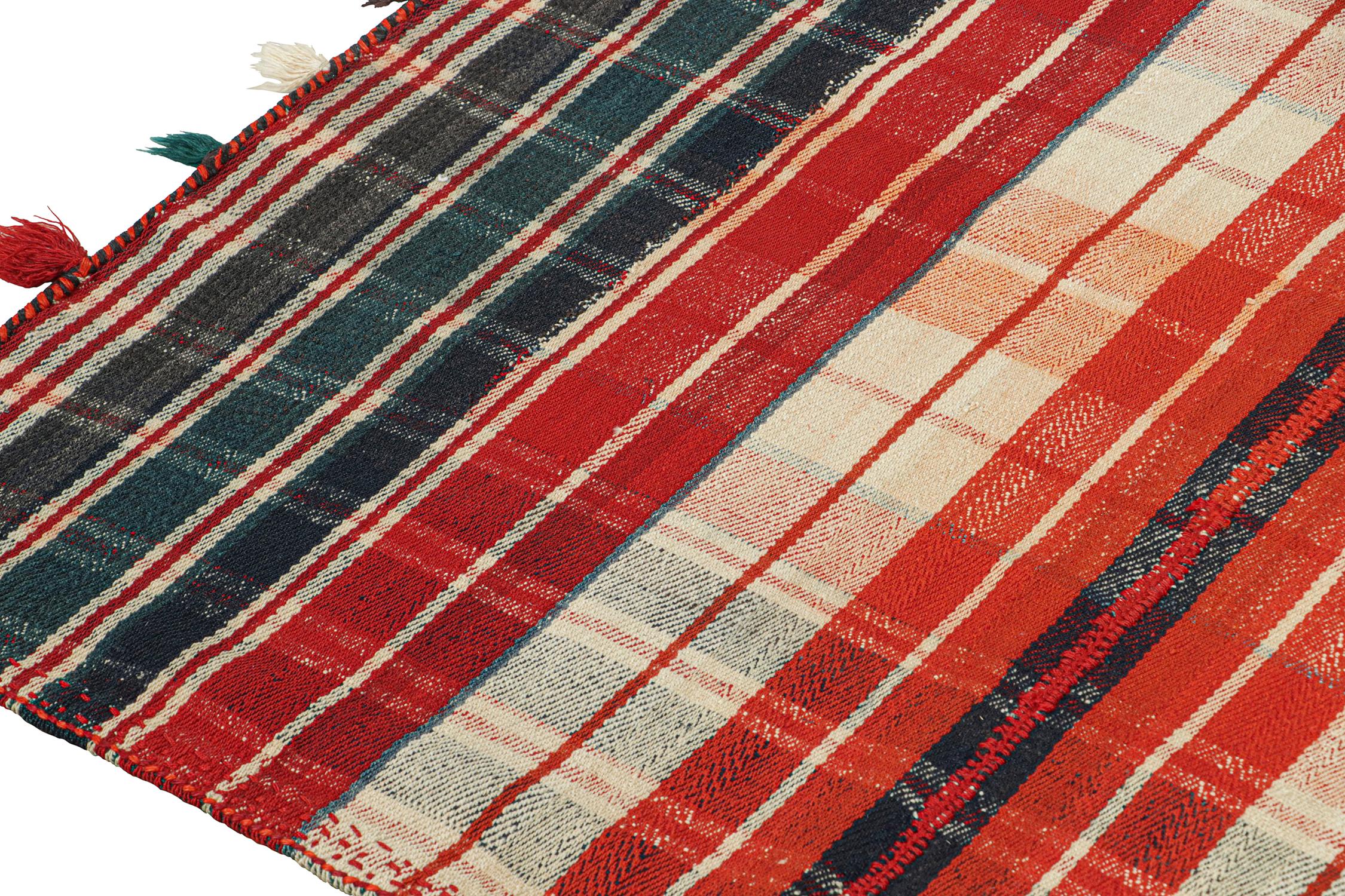 Vintage Persian Kilim in Red, OffWhite, and Blue Plaid Pattern For