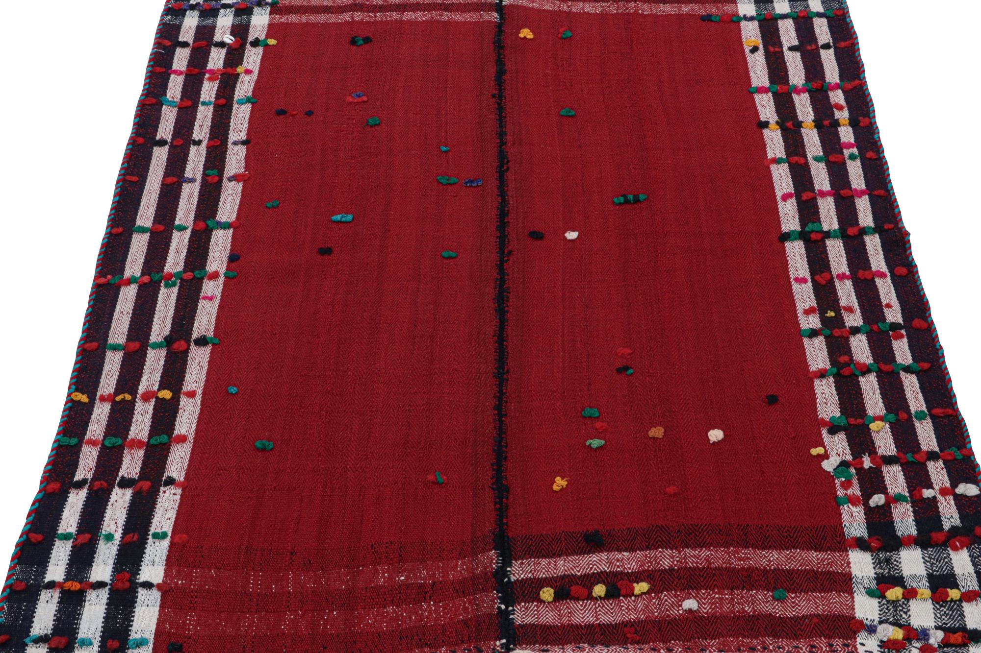 This vintage 5x5 Persian Kilim is believed to be a midcentury tribal rug, handwoven in wool circa 1950-1960.

On the Design: 

This Persian remarks the panel-weaving technique, in which tribal weavers combine multiple pieces into a larger flat