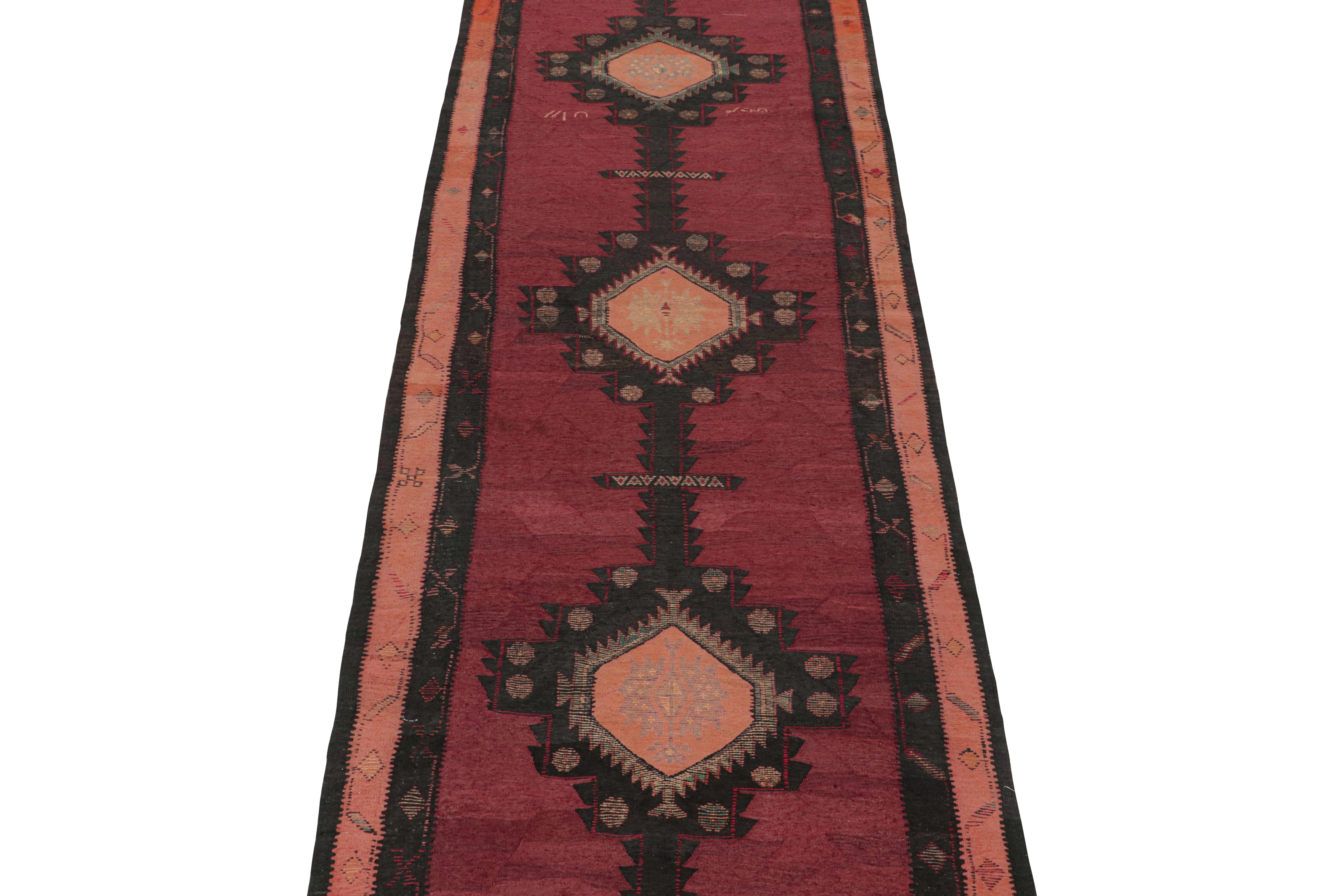 This vintage 5x13 Persian Kilim is a tribal runner from Meshkin—a small northwest-Iranian village known for its fabulous works. Handwoven in wool, it originates circa 1950-1960. 

On the Design:

Its design favors a clean approach to geometric