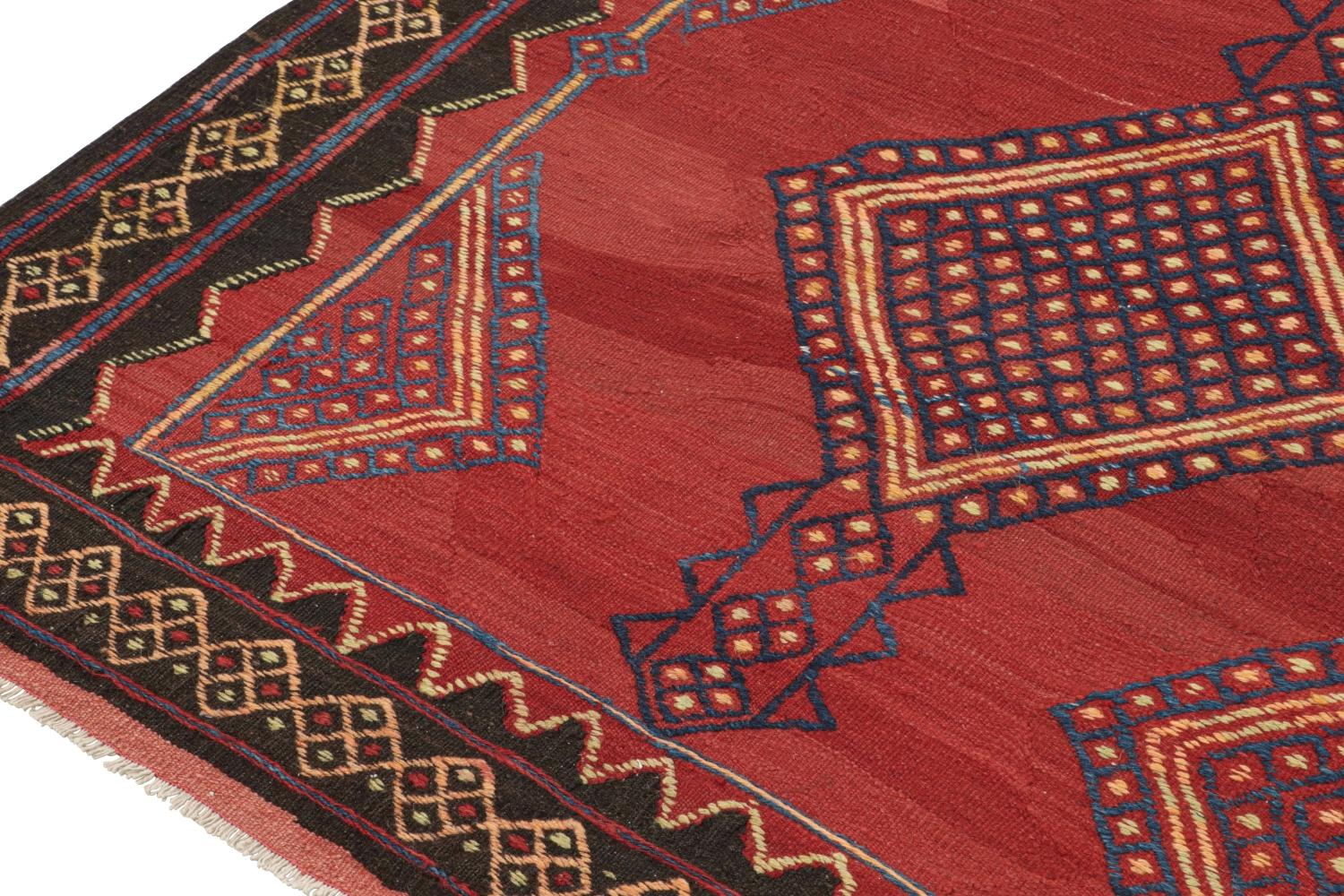 Mid-20th Century Vintage Persian Kilim in Red with Blue Geometric Patterns For Sale