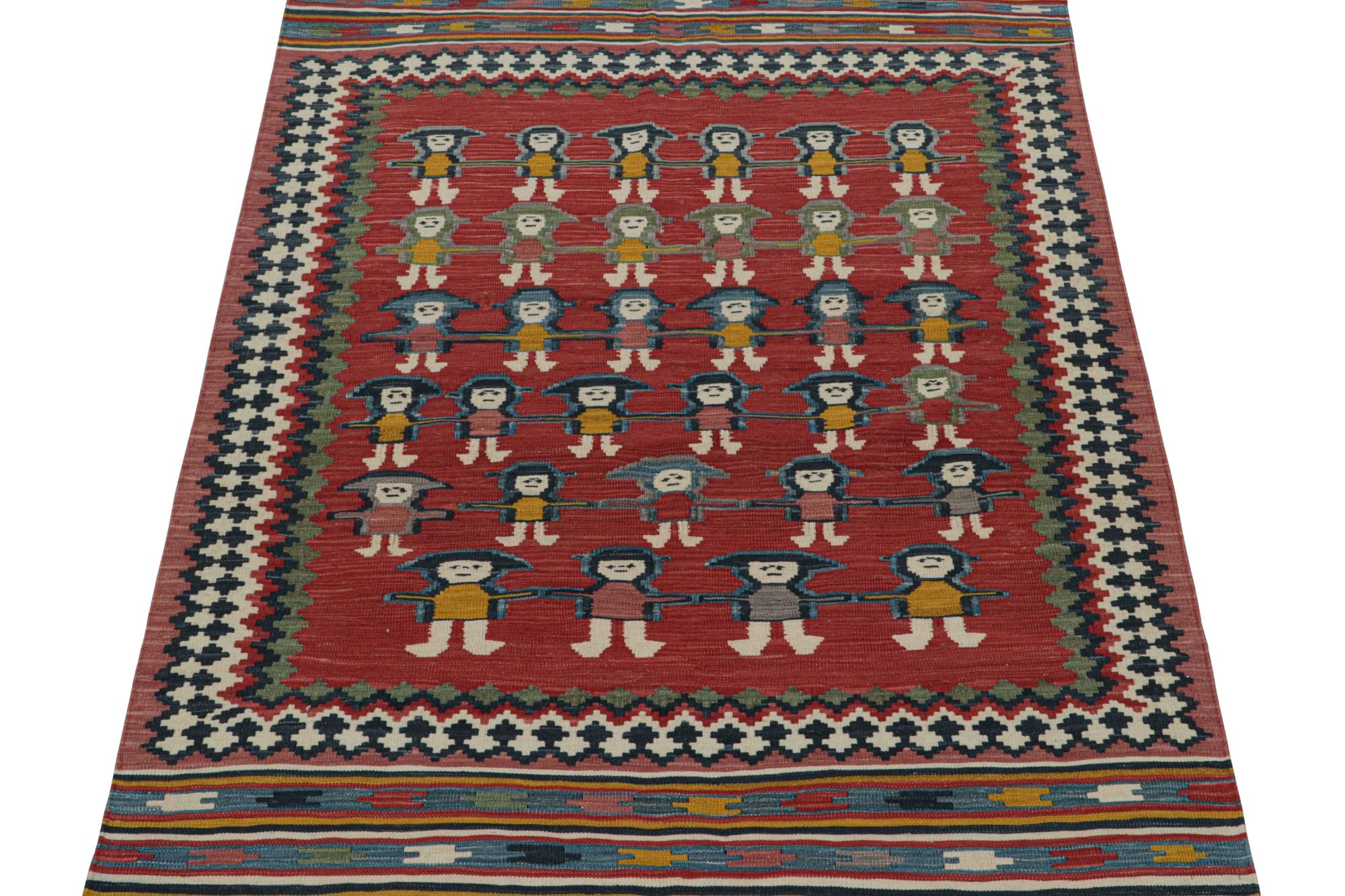 Dieser persische Vintage-Kilim 4x6 ist ein einzigartiger Stammesteppich aus der Mitte des Jahrhunderts, der aus einer seltenen Serie von Rug & Kilim stammt. Er ist aus Wolle handgewebt und stammt aus der Zeit um 1950-1960.

Über das Design: