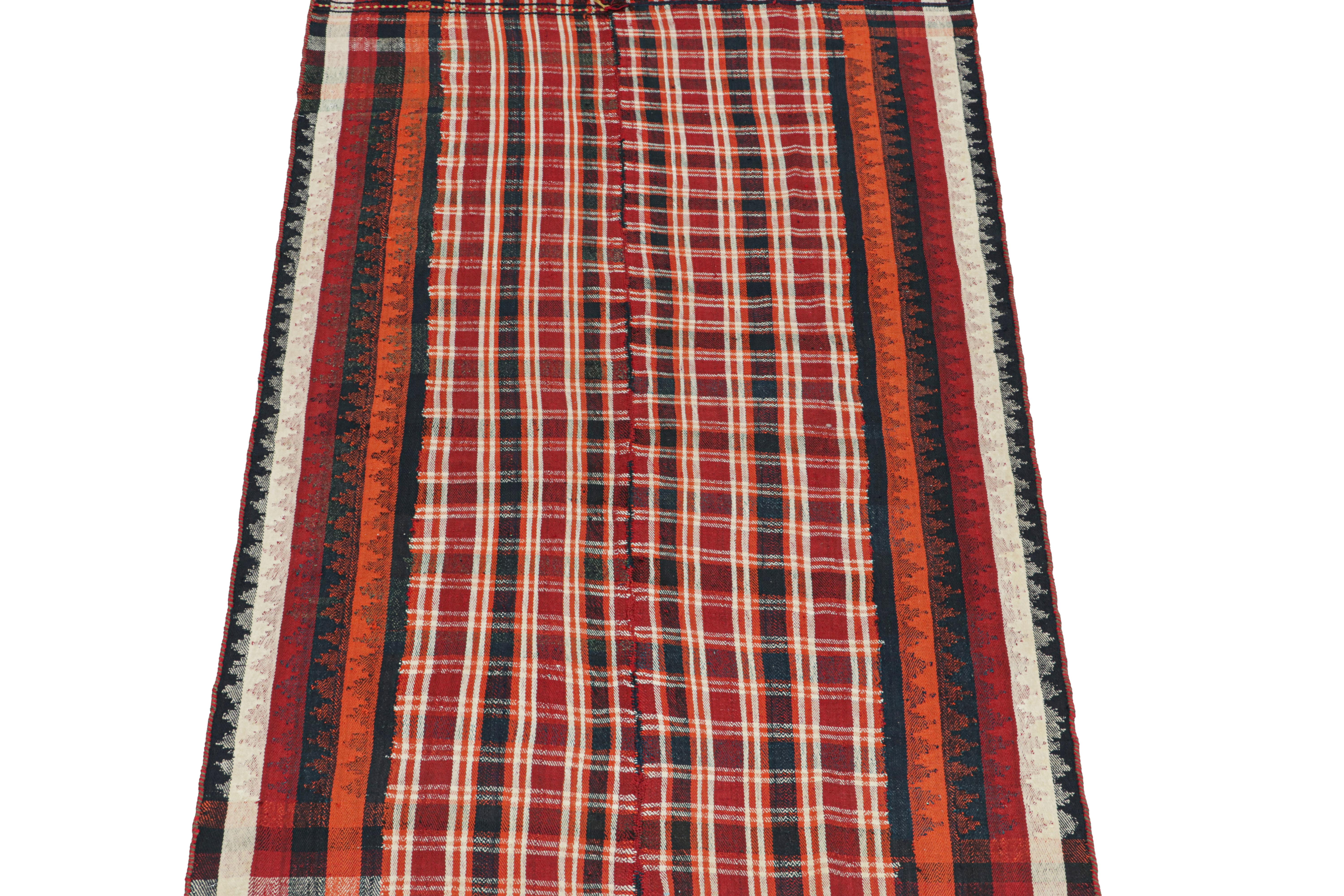 This vintage 5x8 Persian tribal kilim is handwoven in wool, and originates circa 1950-1960.

This design remarks the panel-weaving technique, in which tribal weavers combine multiple pieces into a larger Kilim. Its design enjoys a plaid geometric