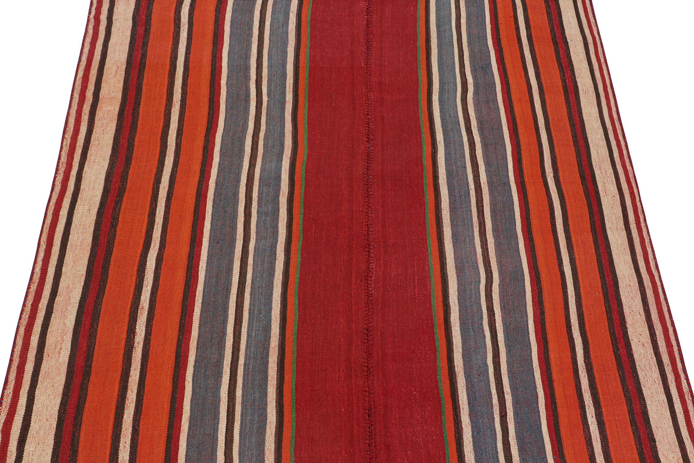 A vintage 5x6 Persian kilim rug, handwoven in wool circa 1950-1960.

Further on the Design:

Connoisseurs may appreciate this design’s panel-weaving technique, in which tribal weavers combine multiple pieces into larger Kilims. This method