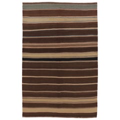 Vintage Persian Kilim, Rich Chocolate Brown Stripes and Blue Notes - Rug 
Kilim