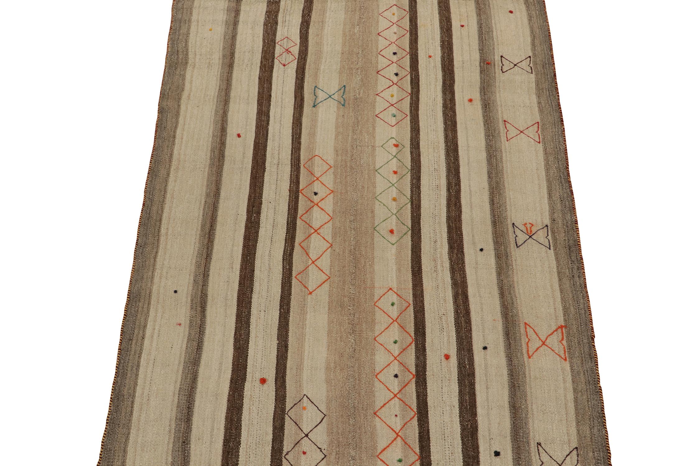 Tribal Vintage Persian Kilim Rug in Beige-Brown Stripes and Motifs by Rug & Kilim For Sale