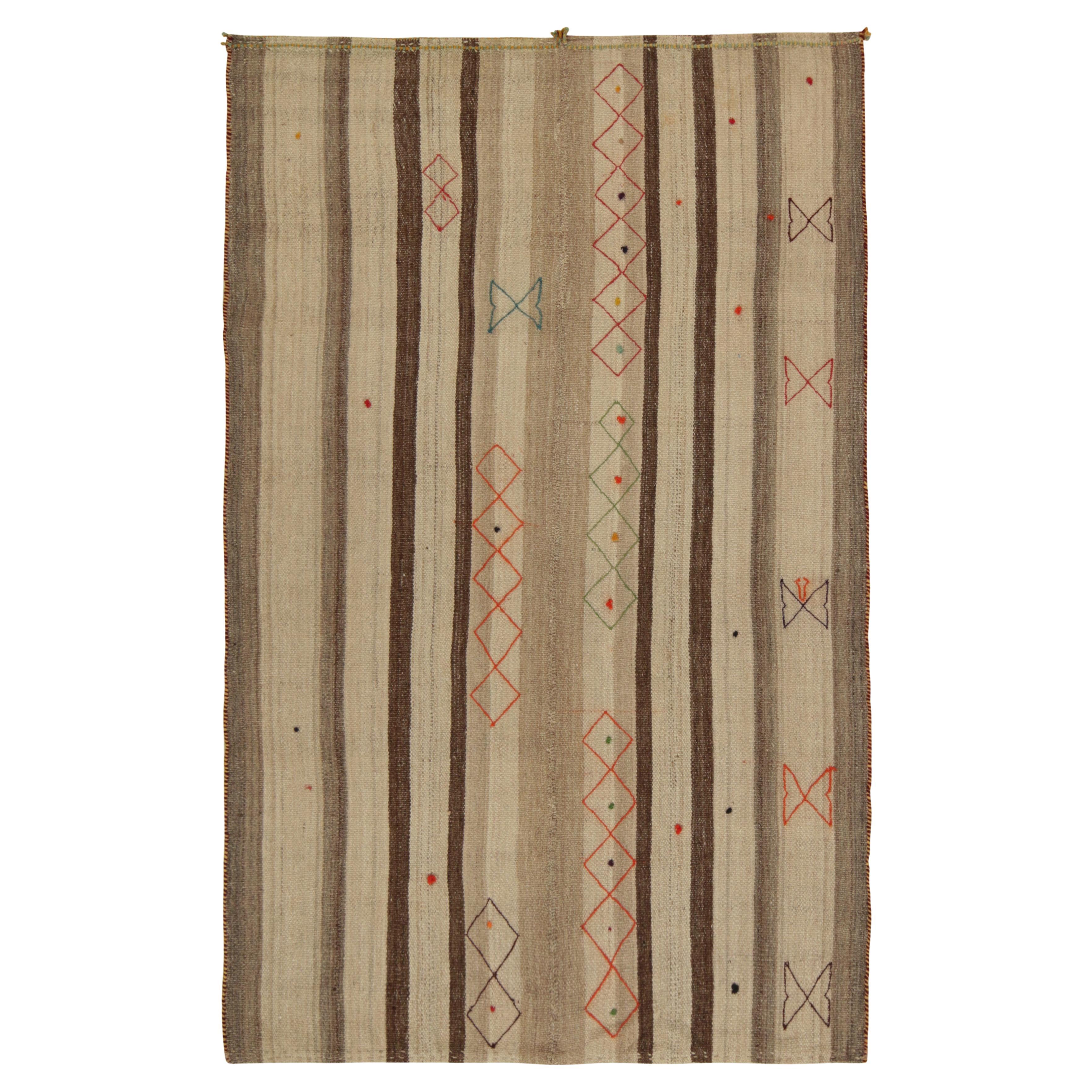 Vintage Persian Kilim Rug in Beige-Brown Stripes and Motifs by Rug & Kilim For Sale