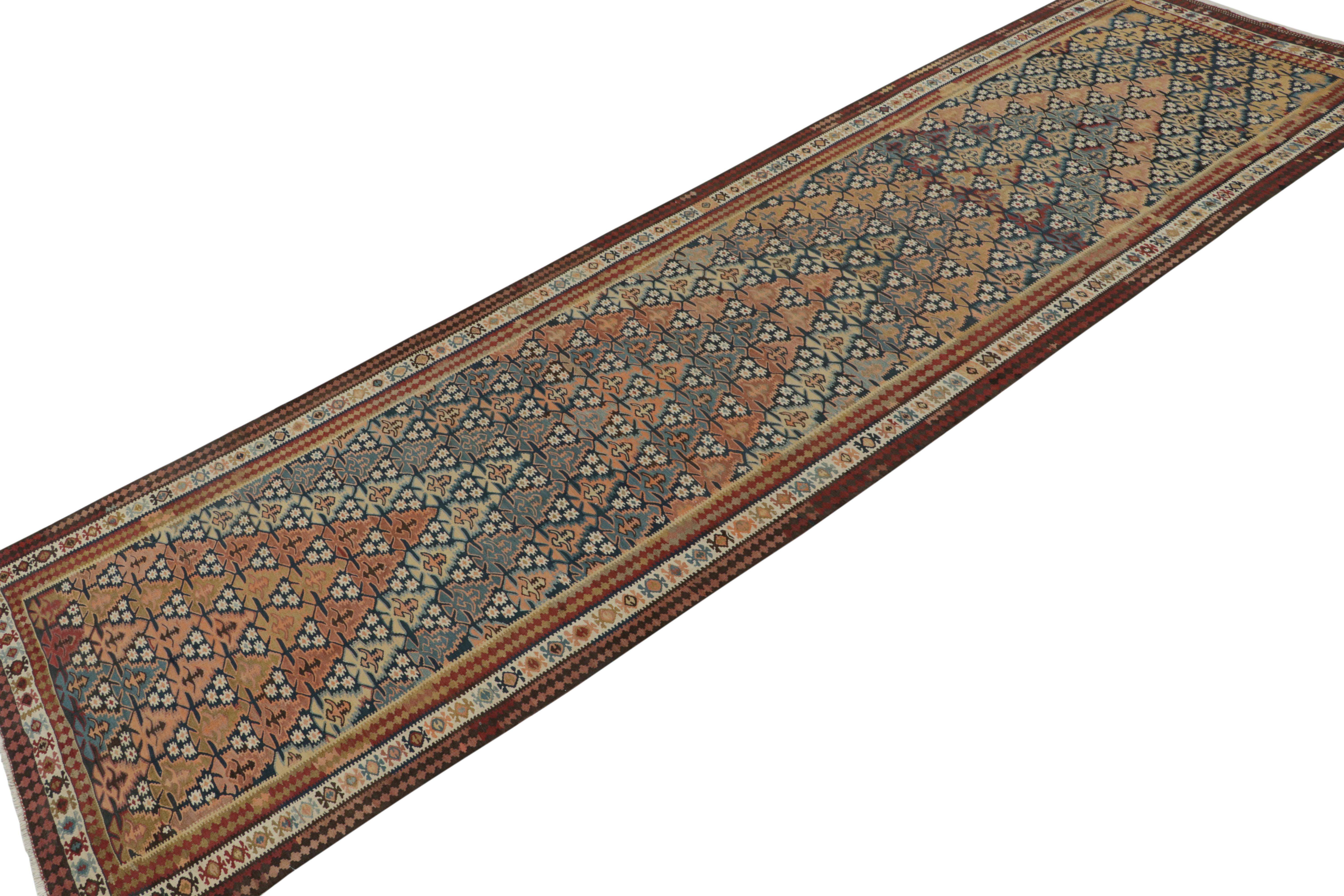 This vintage 5x17 Persian kilim is a unique tribal rug for its period, handwoven in wool circa 1950-1960.

Further on the Design:

A field hosts pattern repetition with an emphasis on off-white, orange, brown, blue, red and gold variations.