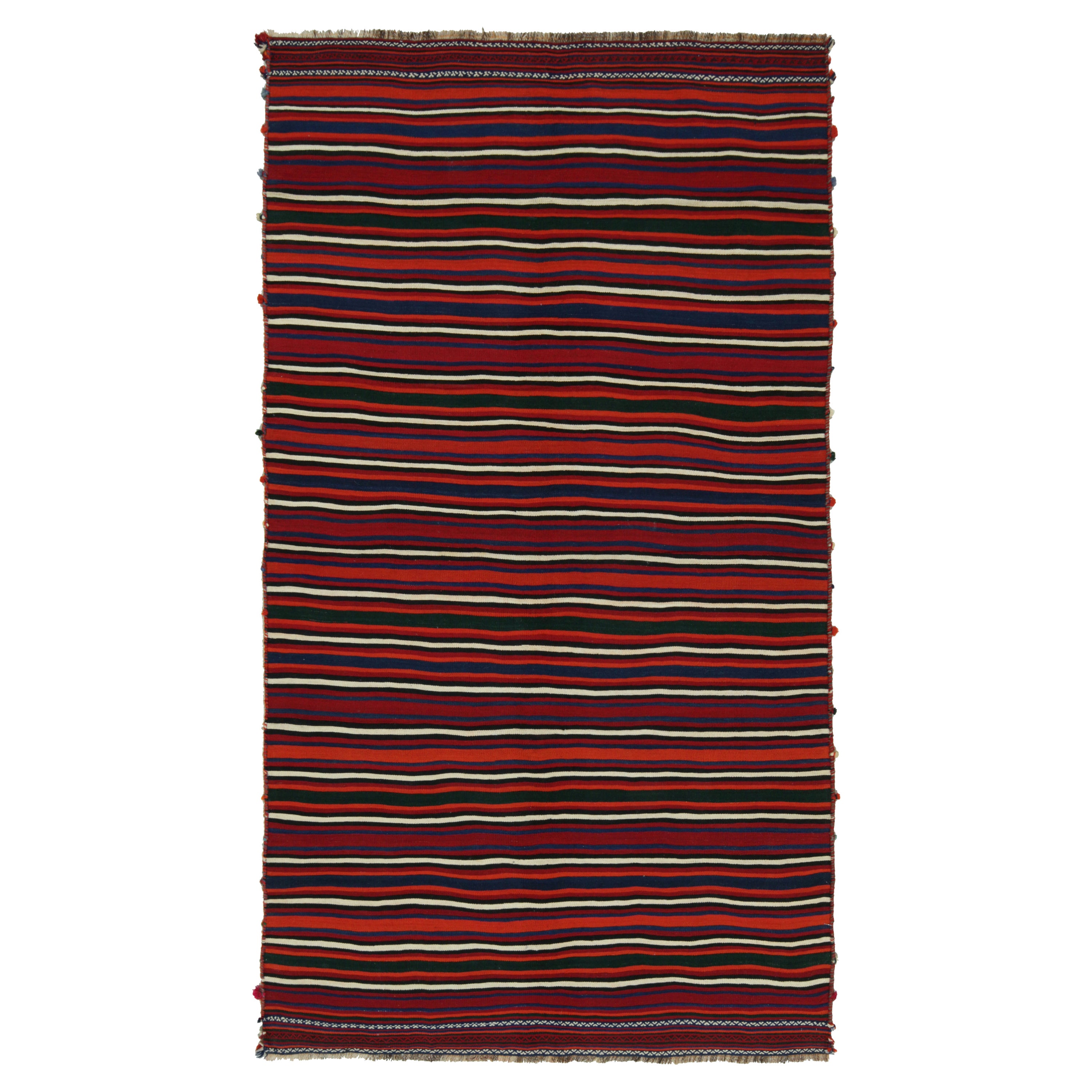Tappeto Kilim persiano vintage a strisce rosse, bianche e blu di Rug & Kilim