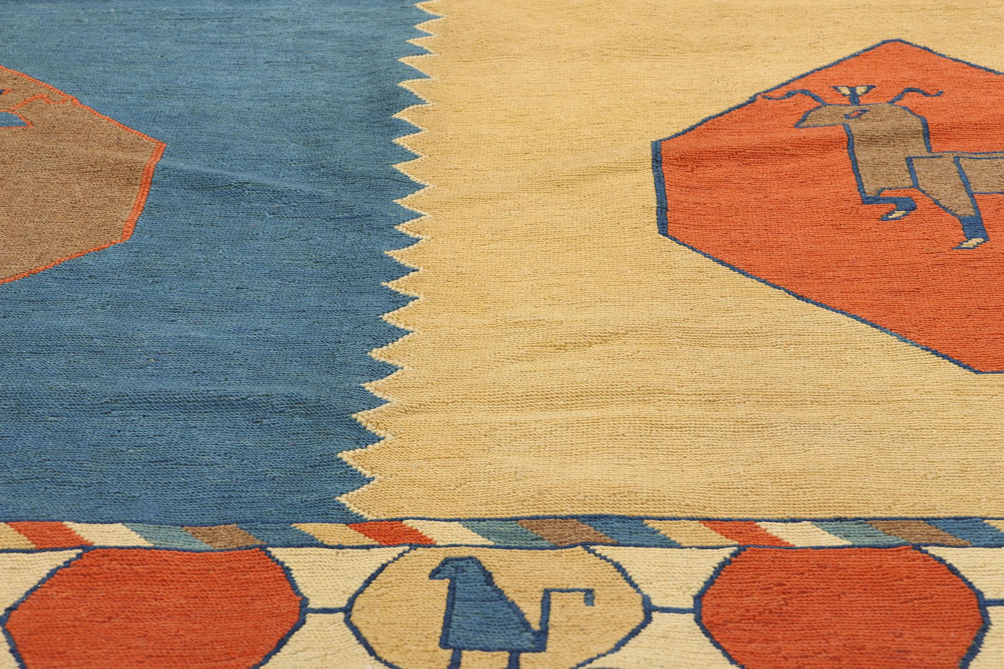 Alfombra persa Qashqai Kilim de 1960 con motivos animales Lana en venta