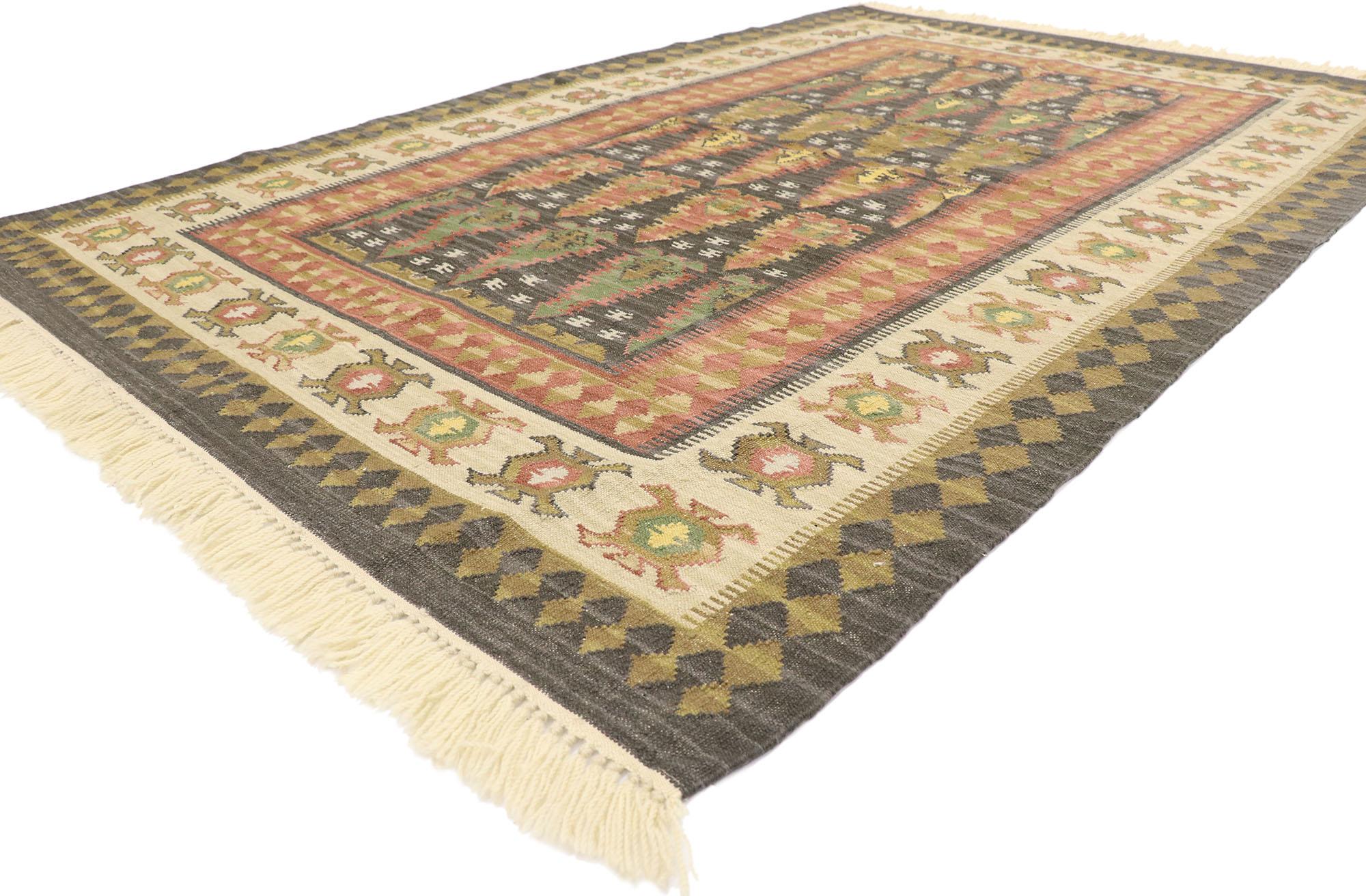 77943 Vintage Persian Kilim Rug with Modern Biophilic Design and Tribal Style, 05'04 x 08'02. Reflecting elements of nature and biophilic design, this handwoven wool Persian Kilim rug is a captivating vision of woven beauty. The abrashed charcoal