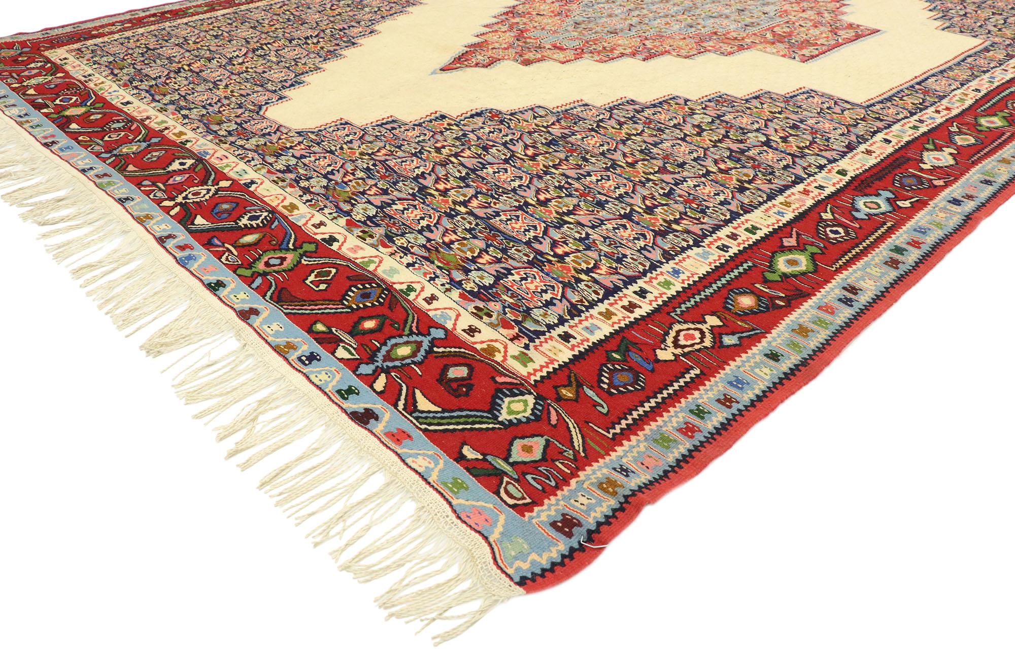 71845, vintage Persian Kilim rug with Modern Rustic tribal Adirondacks Lodge style. Down-to-earth vibes and rustic sensibility meet Adirondack lodge style in this handwoven wool vintage Persian Kilim rug. It features a stepped lozenge concentric