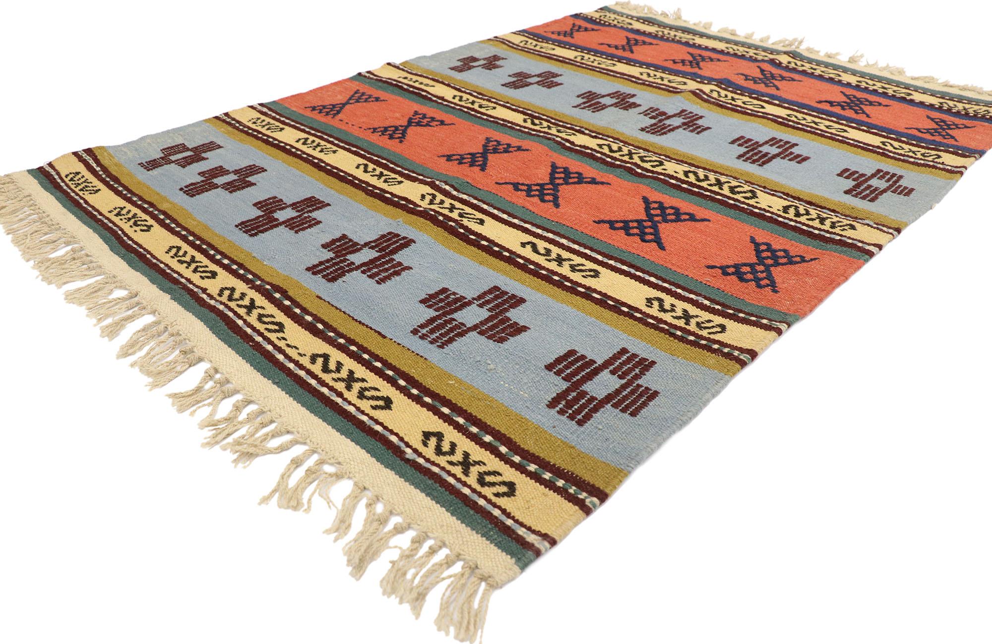77944 vintage Persian Kilim rug with Modern Tribal style 03'10 x 05'07. Full of tiny details and an expressive design, this hand-woven wool vintage Persian kilim rug is a captivating vision of woven beauty. The abrashed field features wide and
