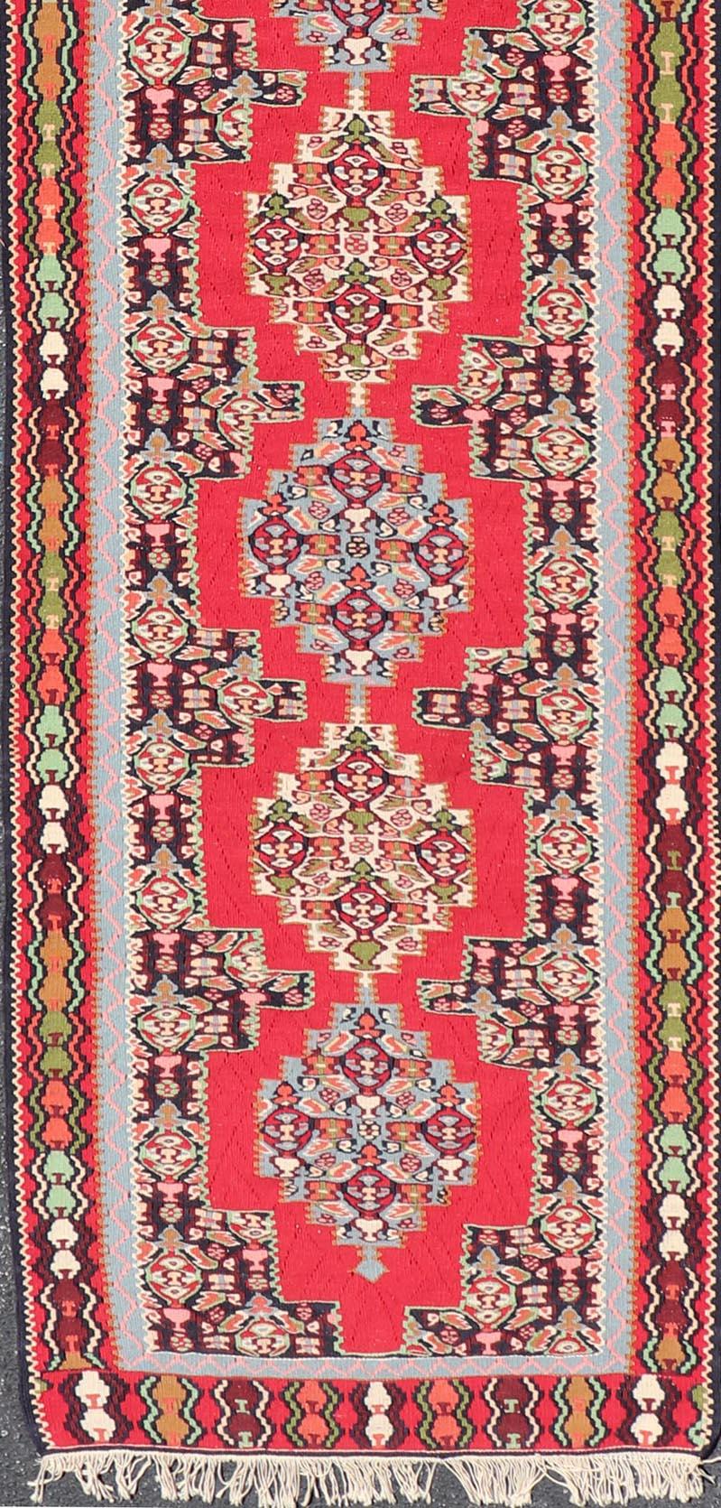 Vintage Persian Kilim Rug with Vibrant Red Field and Accents of Light 2'7 x 12'2 For Sale 4