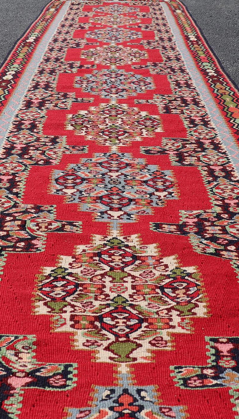 Vintage Persian Kilim Rug with Vibrant Red Field and Accents of Light 2'7 x 12'2 In Good Condition For Sale In Atlanta, GA