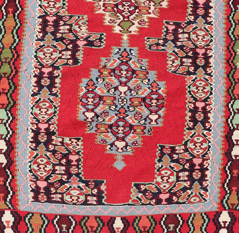 20th Century Vintage Persian Kilim Rug with Vibrant Red Field and Accents of Light 2'7 x 12'2 For Sale