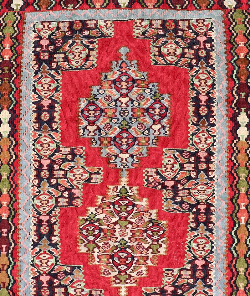 Vintage Persian Kilim Rug with Vibrant Red Field and Accents of Light 2'7 x 12'2 For Sale 1
