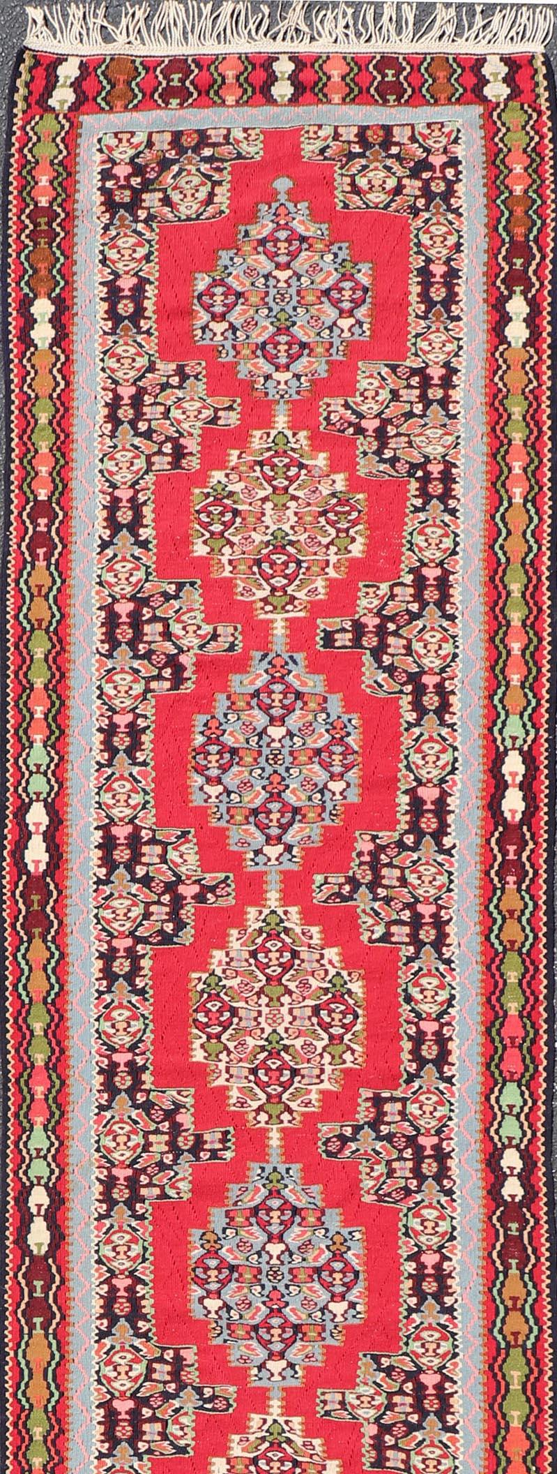 Vintage Persian Kilim Rug with Vibrant Red Field and Accents of Light 2'7 x 12'2 For Sale 2