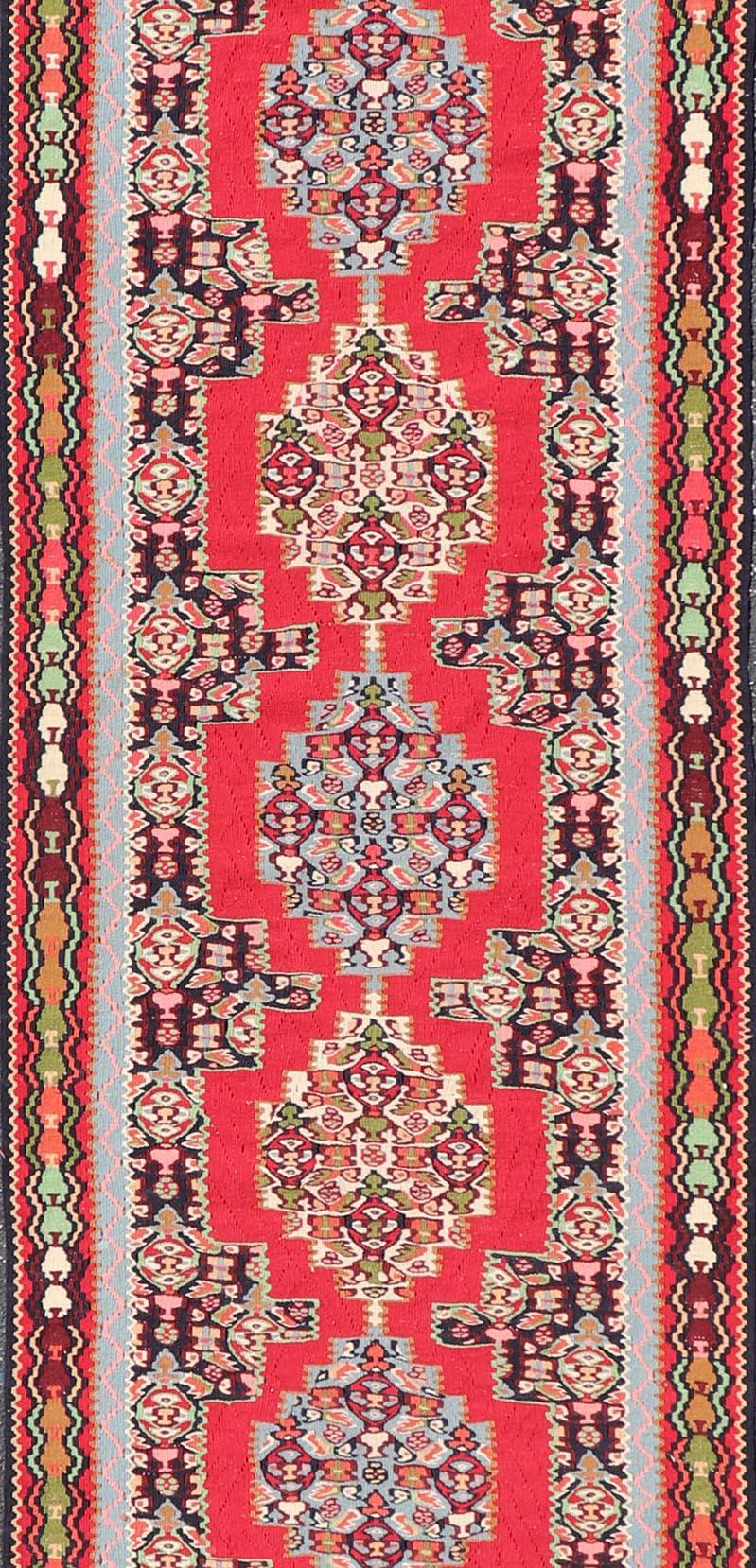 Vintage Persian Kilim Rug with Vibrant Red Field and Accents of Light 2'7 x 12'2 For Sale 3