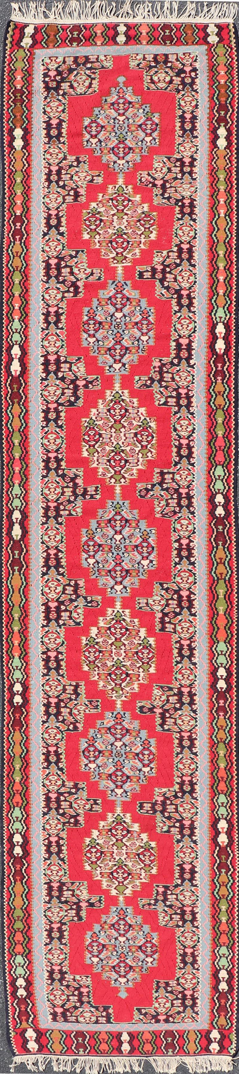 Vintage Persian Kilim Rug with Vibrant Red Field and Accents of Light 2'7 x 12'2 For Sale