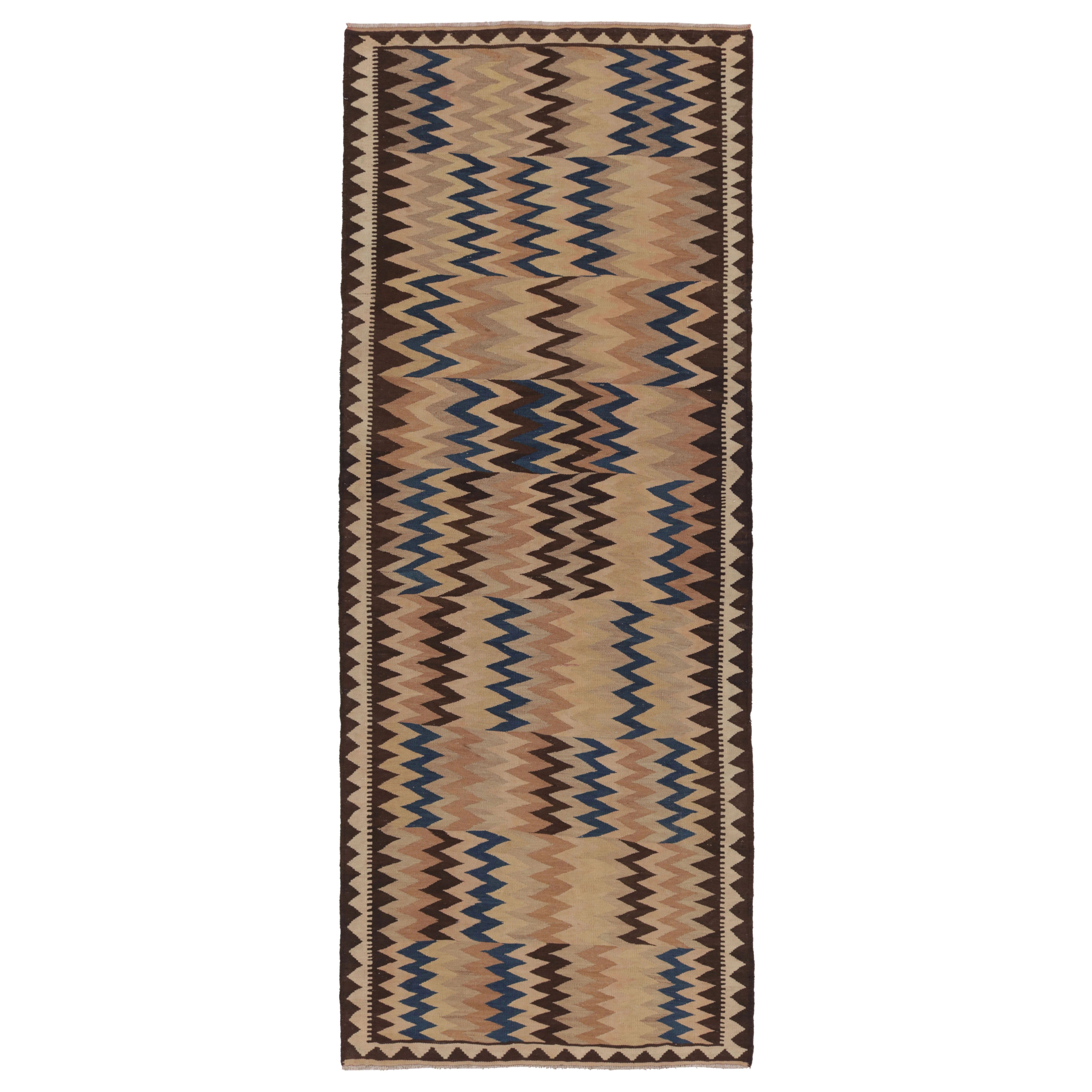 Vintage Persian Kilim Runner, Bold Blue and Beige-Brown Chevrons - Rug 
Kilim