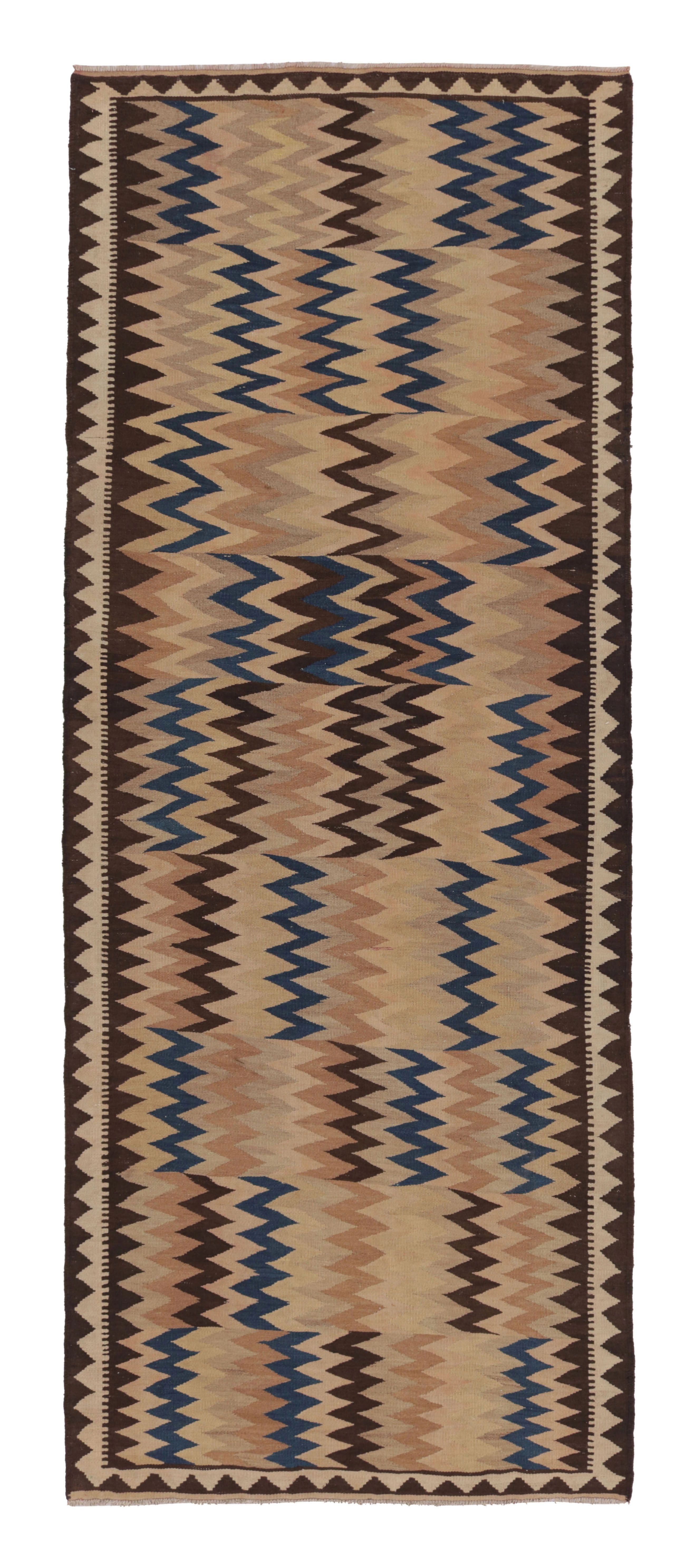 Vintage Persian Kilim Runner, Bold Blue and Beige-Brown Chevrons - Rug
Kilim