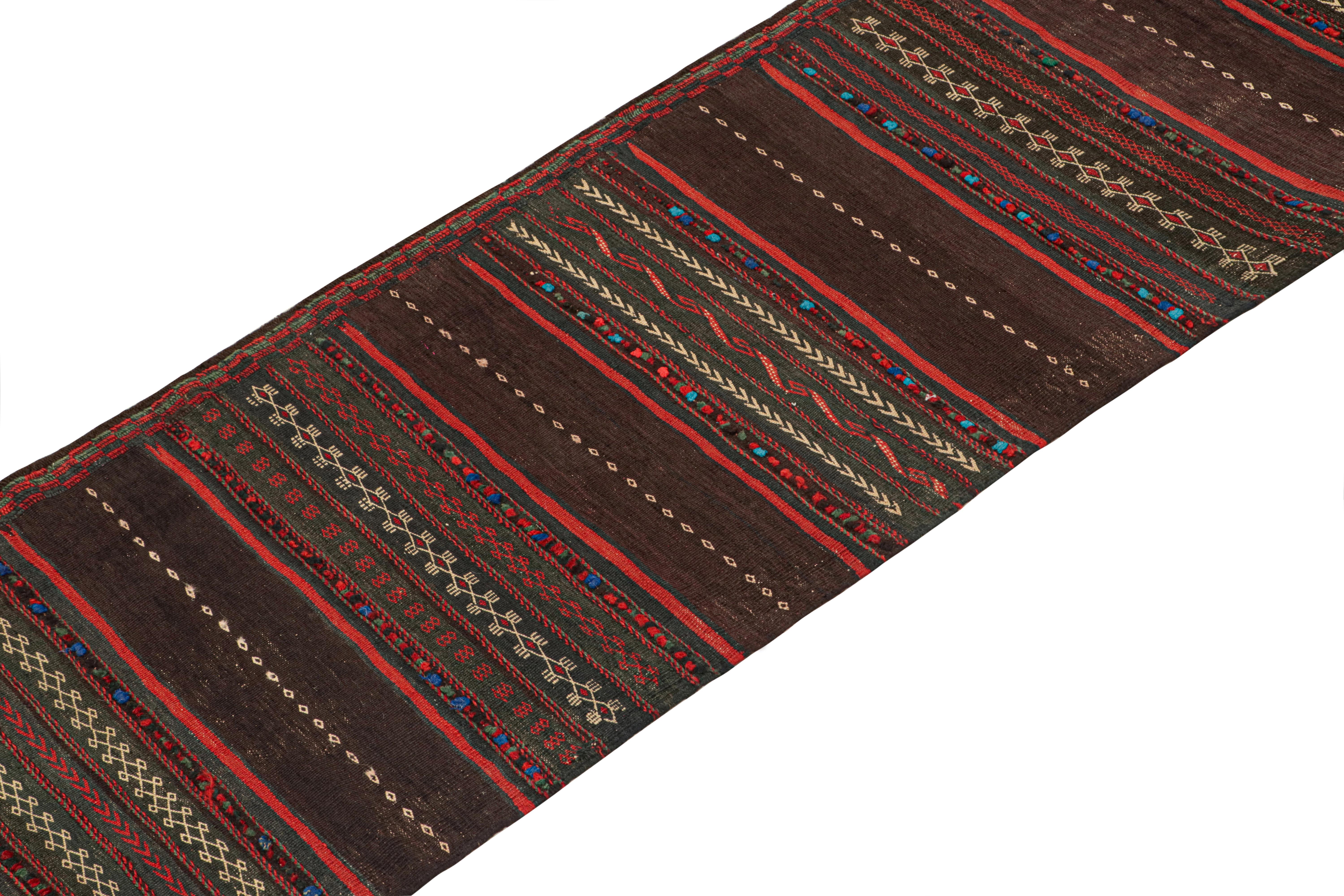 Hand-Knotted Vintage Persian Kilim Runner in Aubergine with Red Stripes by Rug & Kilim For Sale