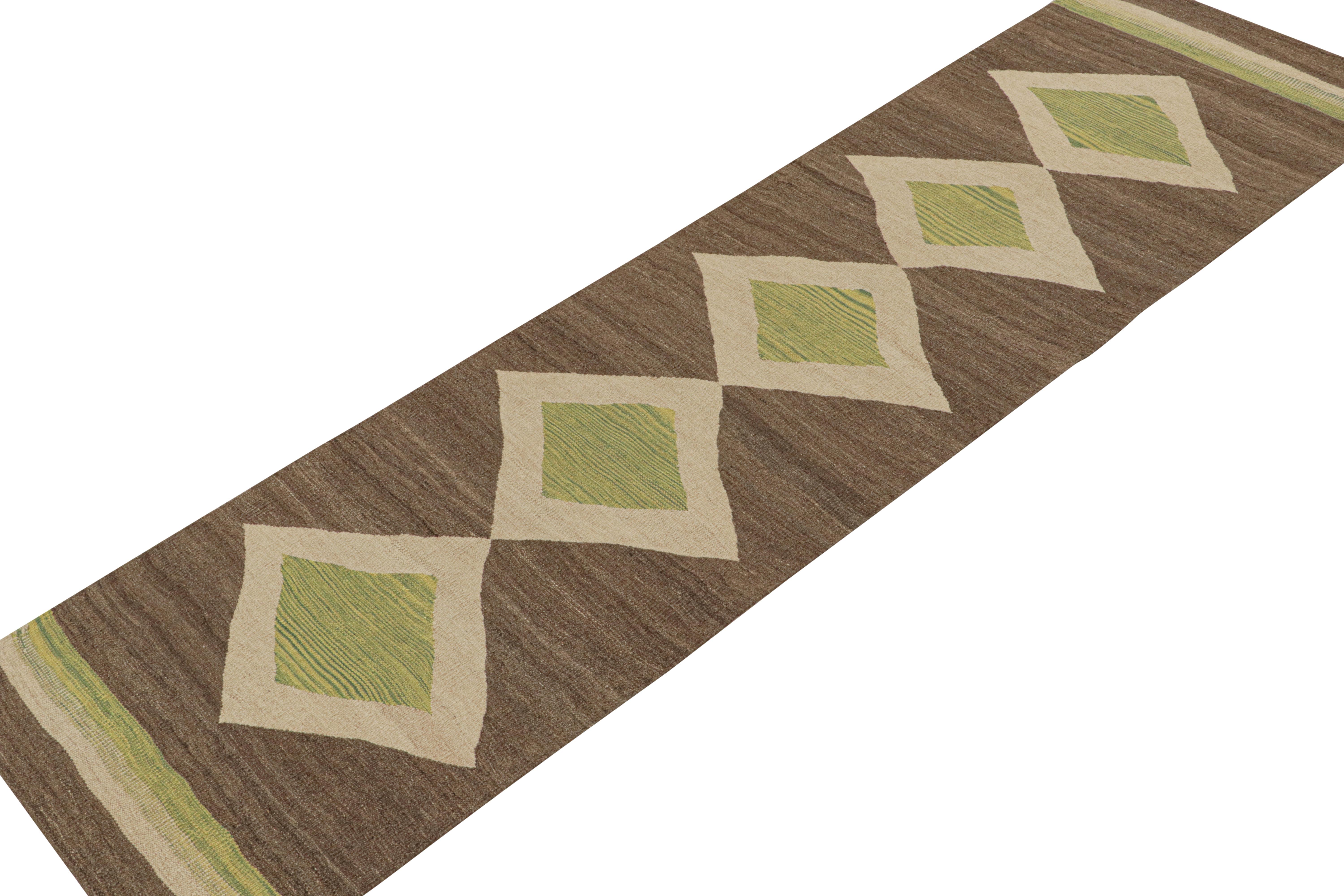 Hand-Knotted Vintage Persian Kilim Runner in Beige-Brown and Green Medallions by Rug & Kilim For Sale