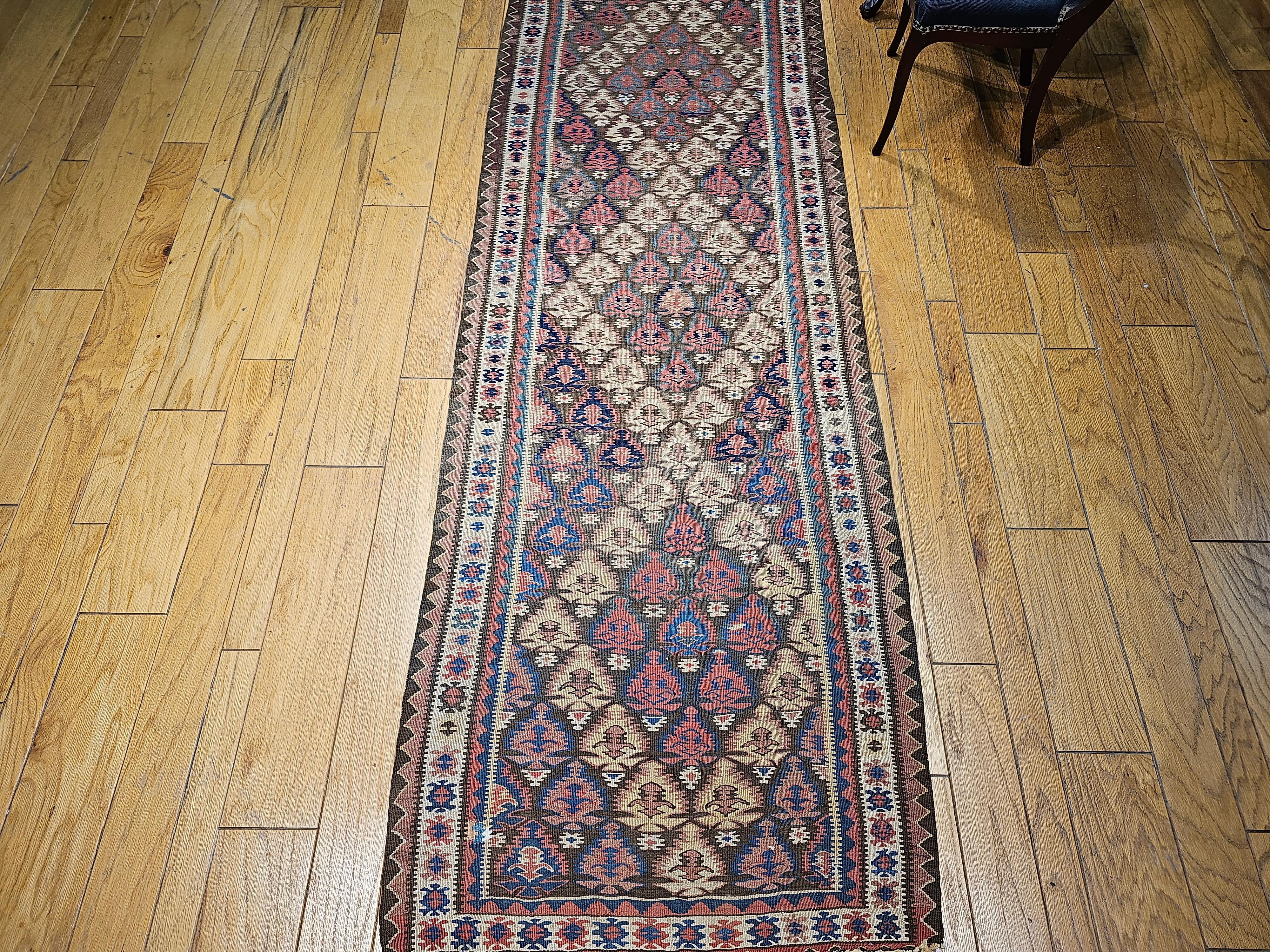 Vintage Persian Kilim Runner in Blue, Brown, Green, Yellow, Pink For Sale 4
