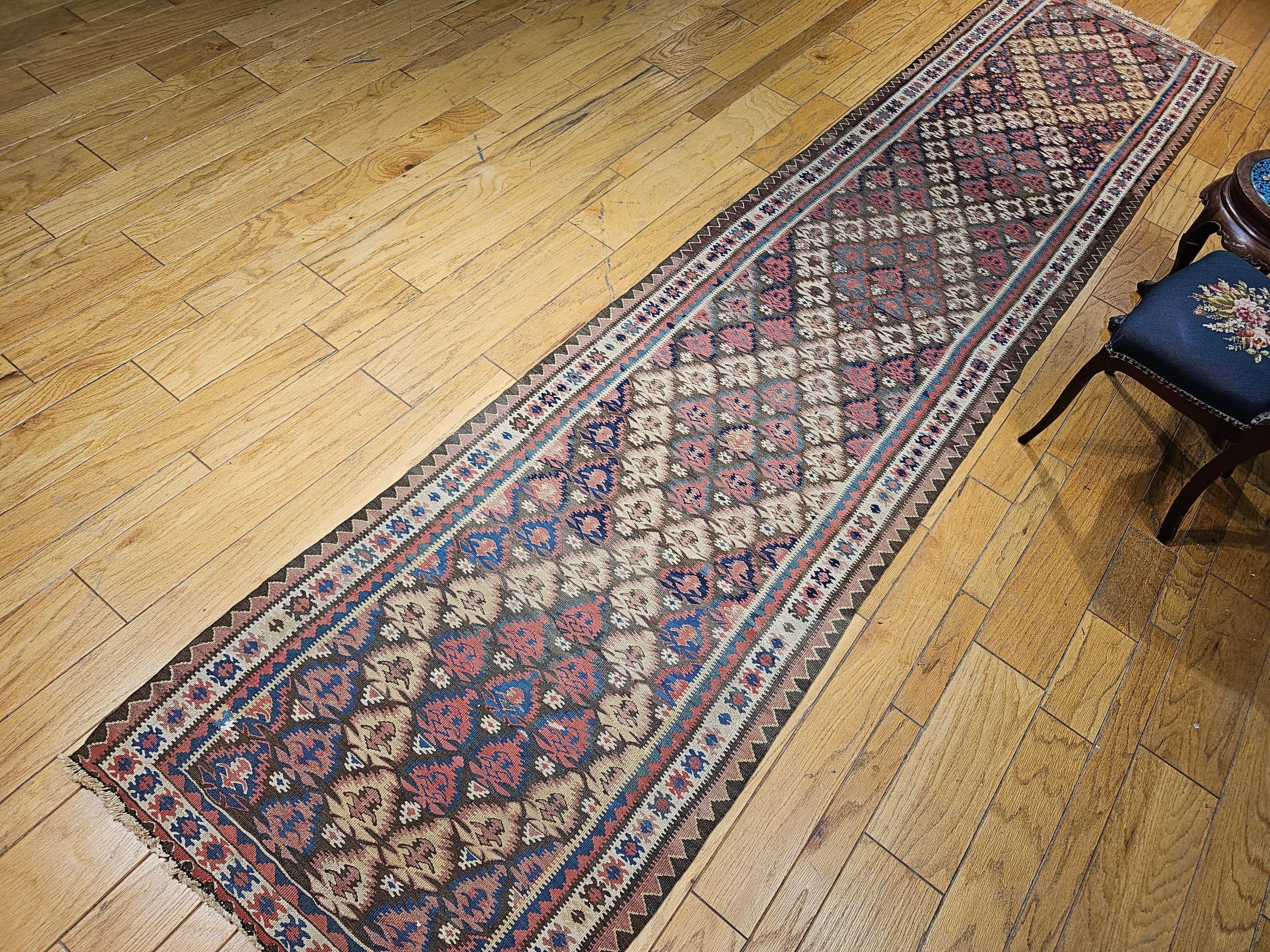Vintage Persian Kilim Runner in Blue, Brown, Green, Yellow, Pink For Sale 5